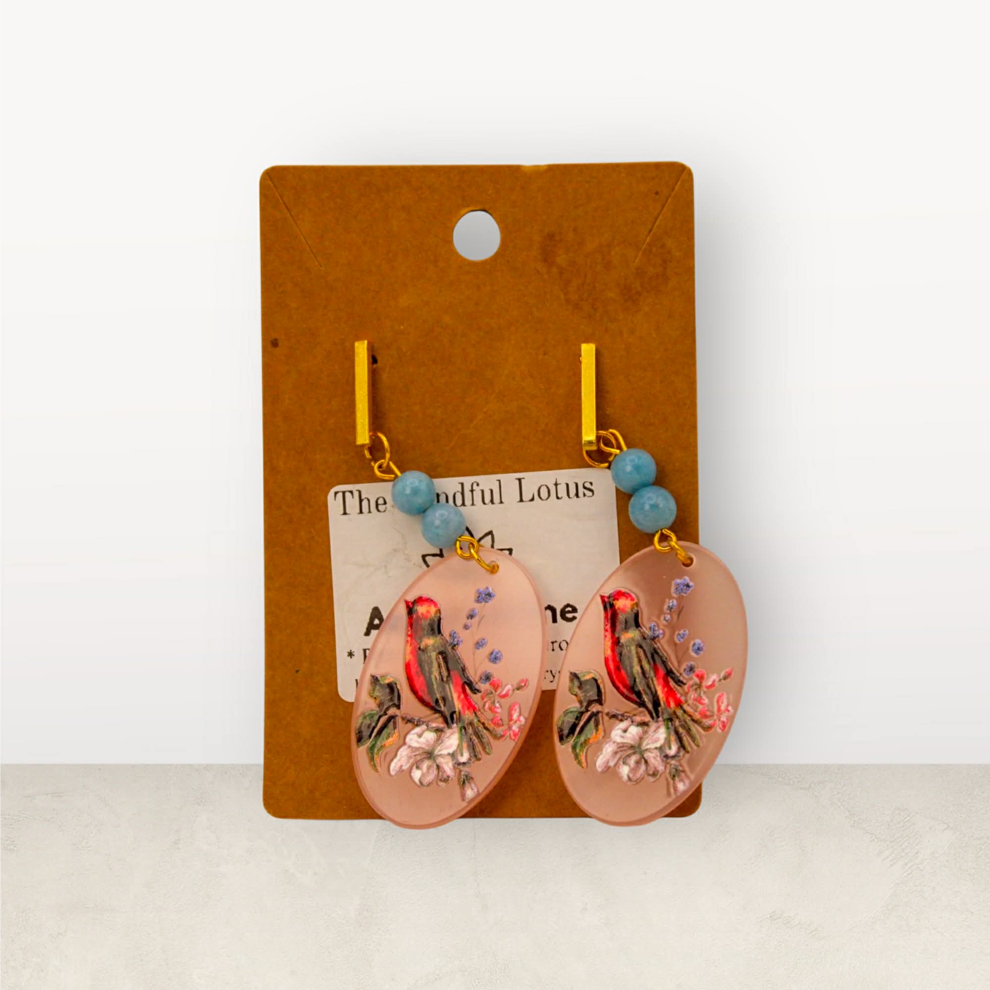 Aquamarine Bird Oval Earrings – Gold Plated Stainless Steel Posts