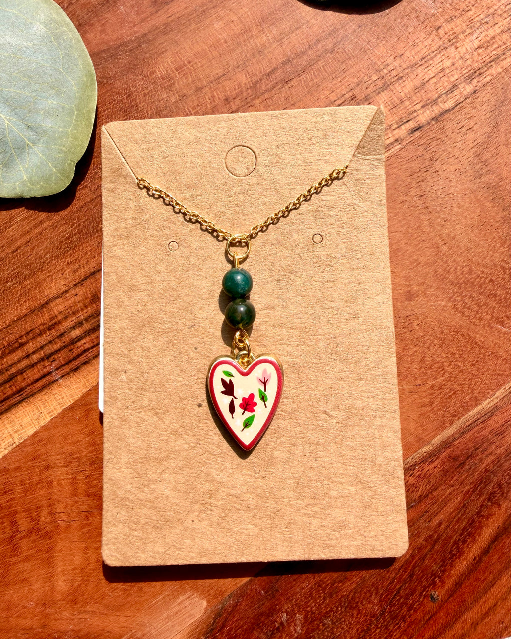 Ocean Jasper Floral Heart Necklace – Gold Plated Stainless Steel Chain | Unique Handmade Piece