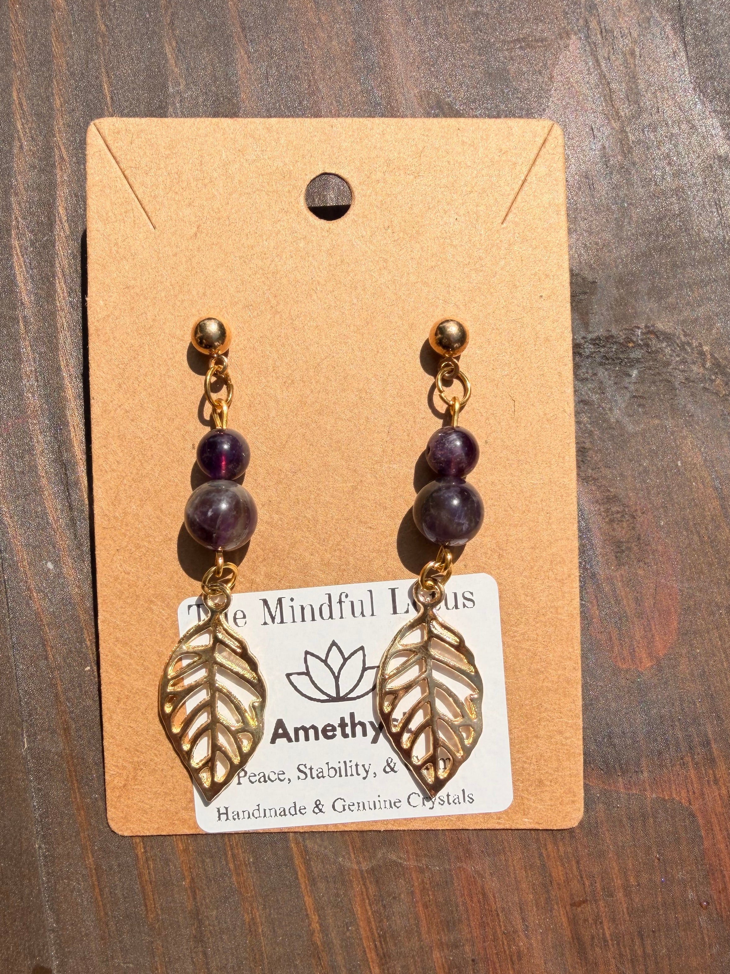 Amethyst Leaf Earrings – Gold Plated Stainless Steel Posts | Unique Handmade Piece
