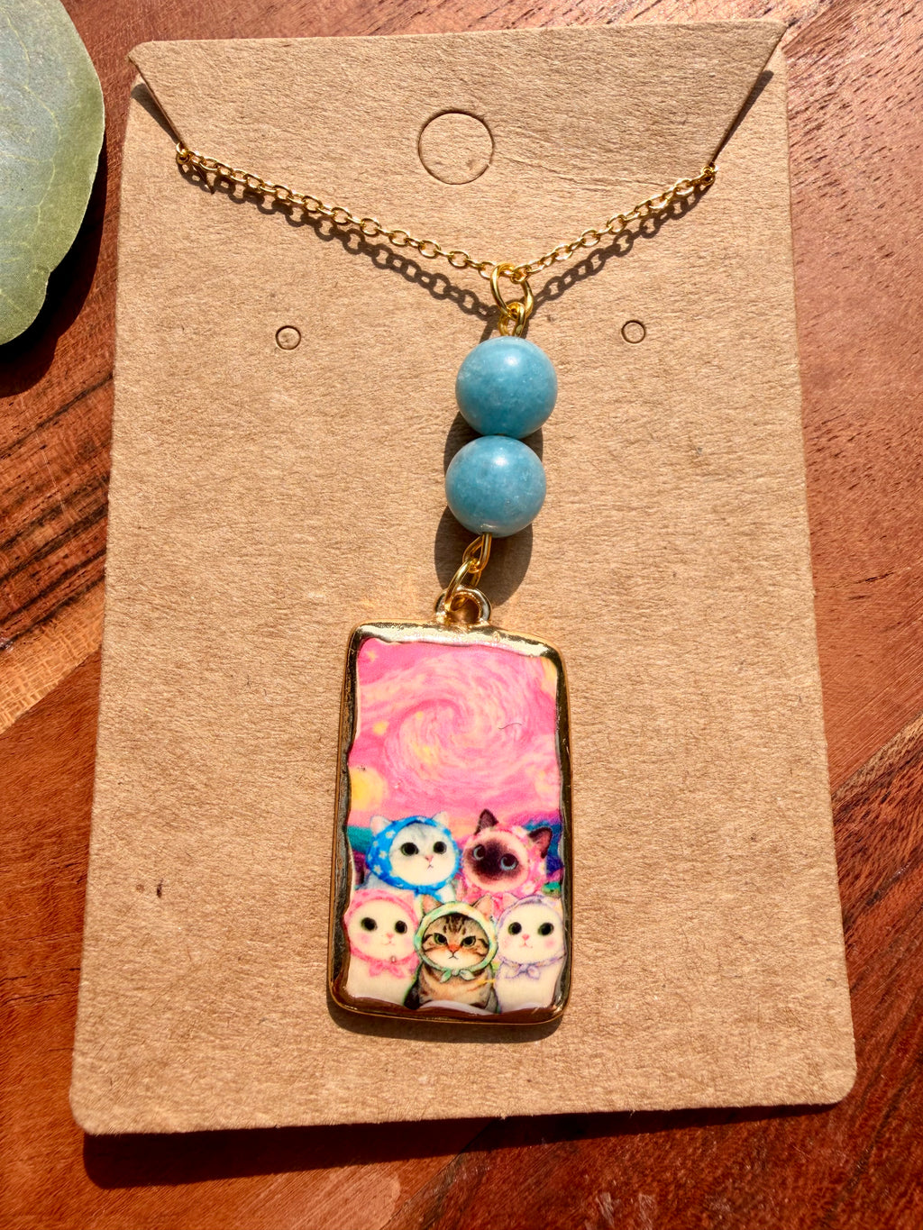 Aquamarine Storybook Kitties Necklace – Gold Plated Stainless Steel Chain | Unique Handmade Piece