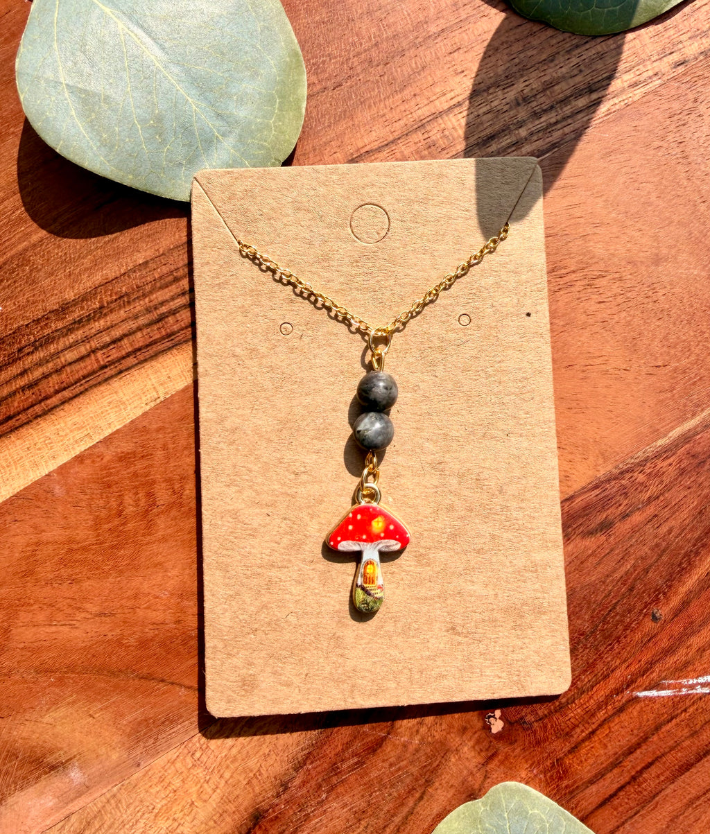 Labradorite Mushroom Necklace – Gold Plated Stainless Steel Chain | Unique Handmade Piece
