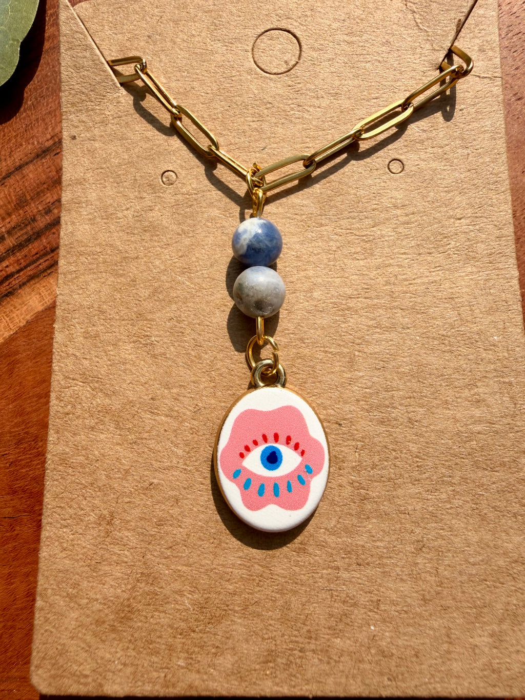 Sodalite Whimsical Evil Eye-Inspired Necklace – Gold Plated Stainless Steel Chain | Unique Handmade Piece