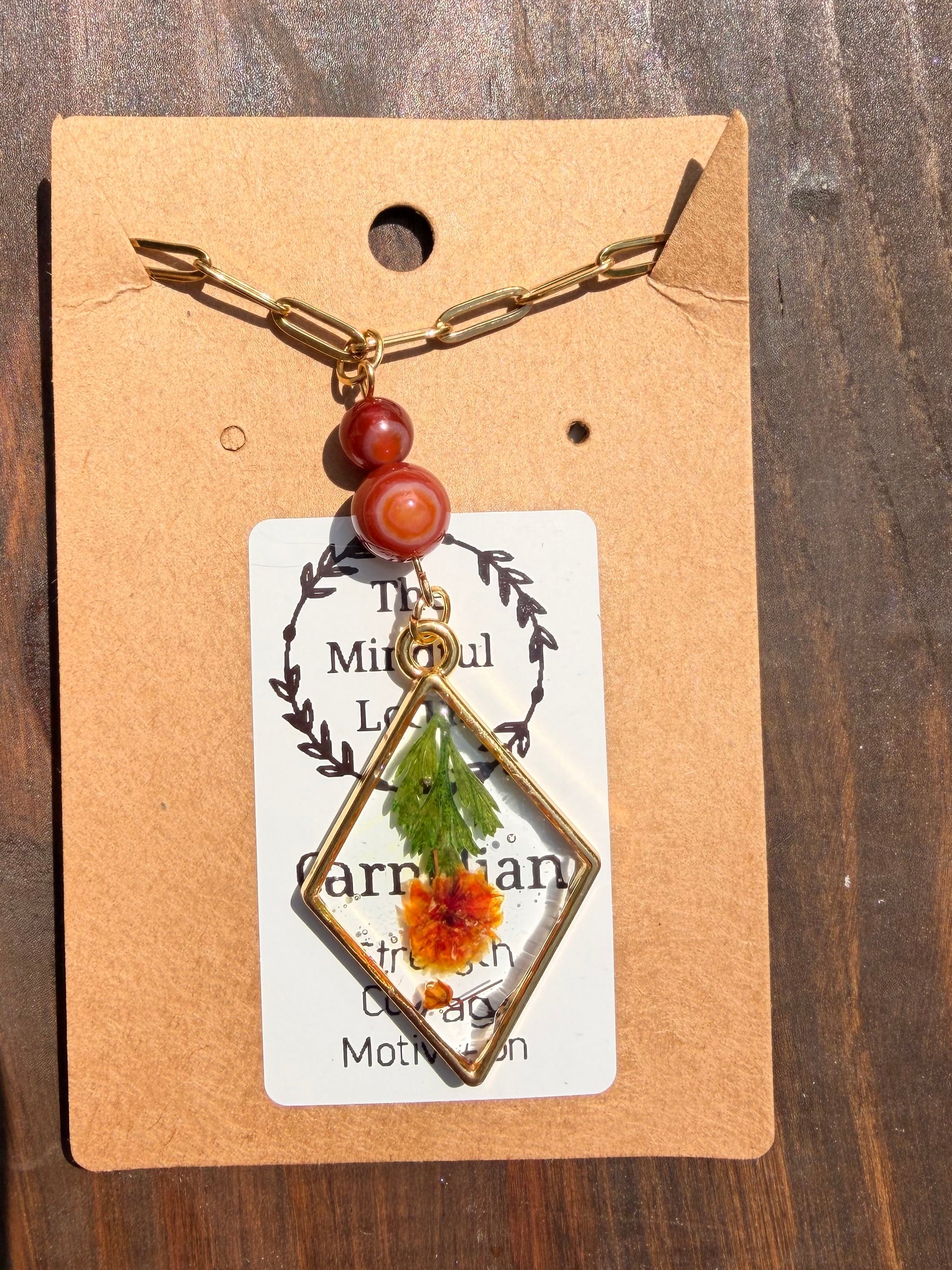 Carnelian Botanical Resin Necklace – Gold Plated Stainless Steel Chain | Unique Handmade Piece
