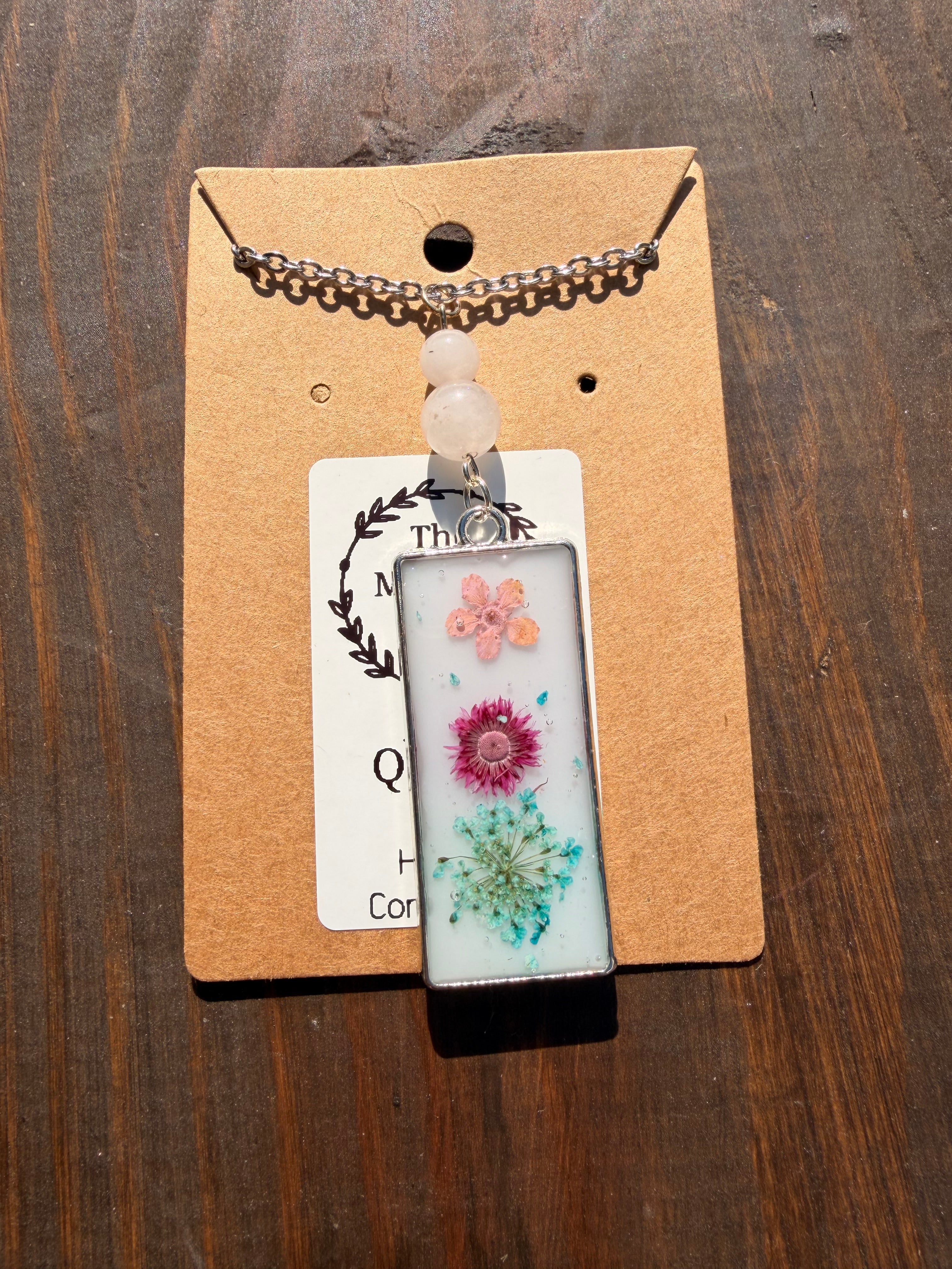 Rose Quartz Botanical Resin Necklace – Stainless Steel Chain (Silver Tone) | Unique Handmade Piece
