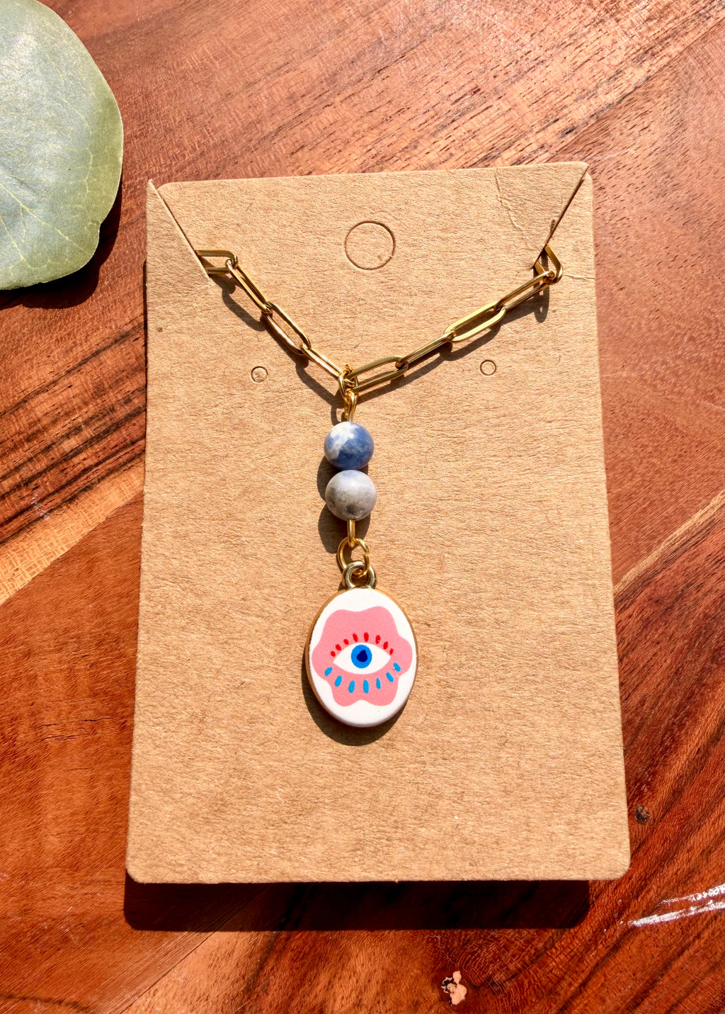 Sodalite Whimsical Evil Eye-Inspired Necklace – Gold Plated Stainless Steel Chain | Unique Handmade Piece