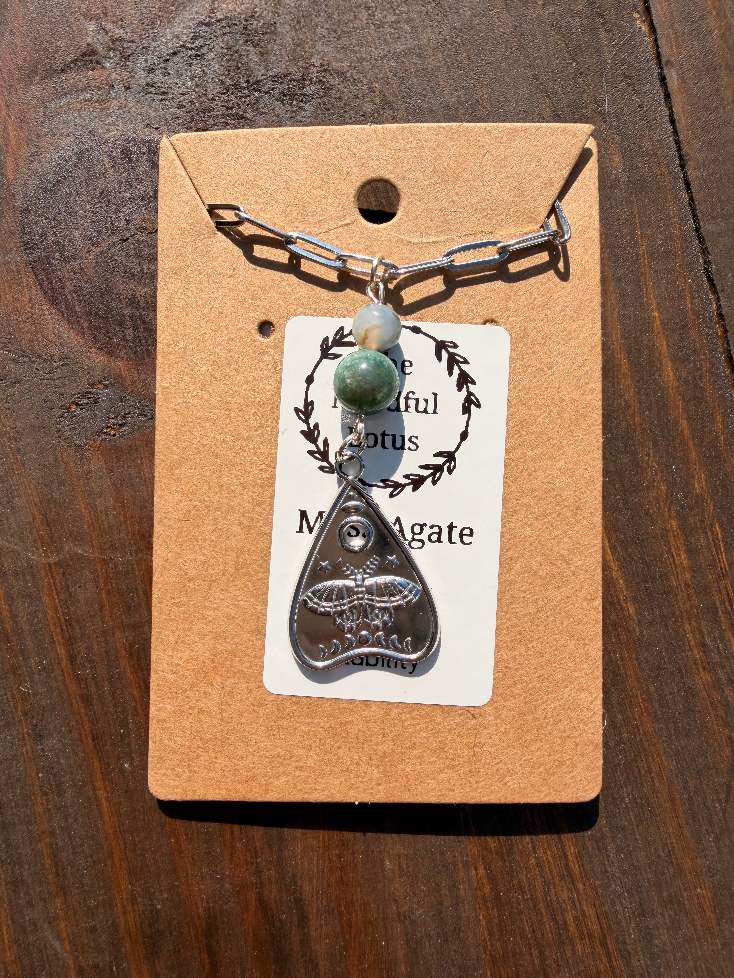 Moss Agate Planchette Necklace – Stainless Steel Chain (Silver Tone) | Unique Handmade Piece
