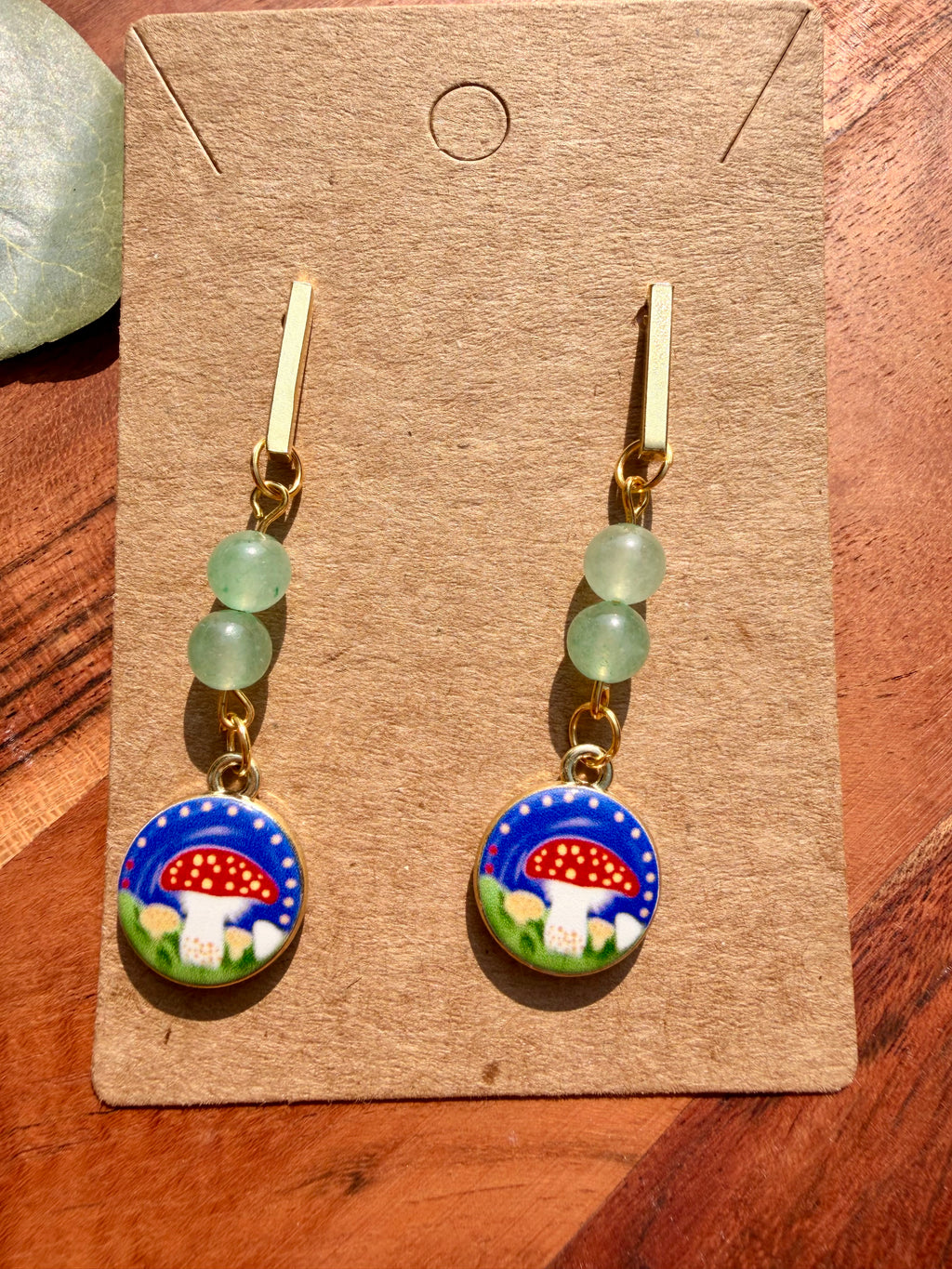 Green Aventurine Storybook Mushroom Earrings – Gold Plated Stainless Steel Posts | Unique Handmade Pair