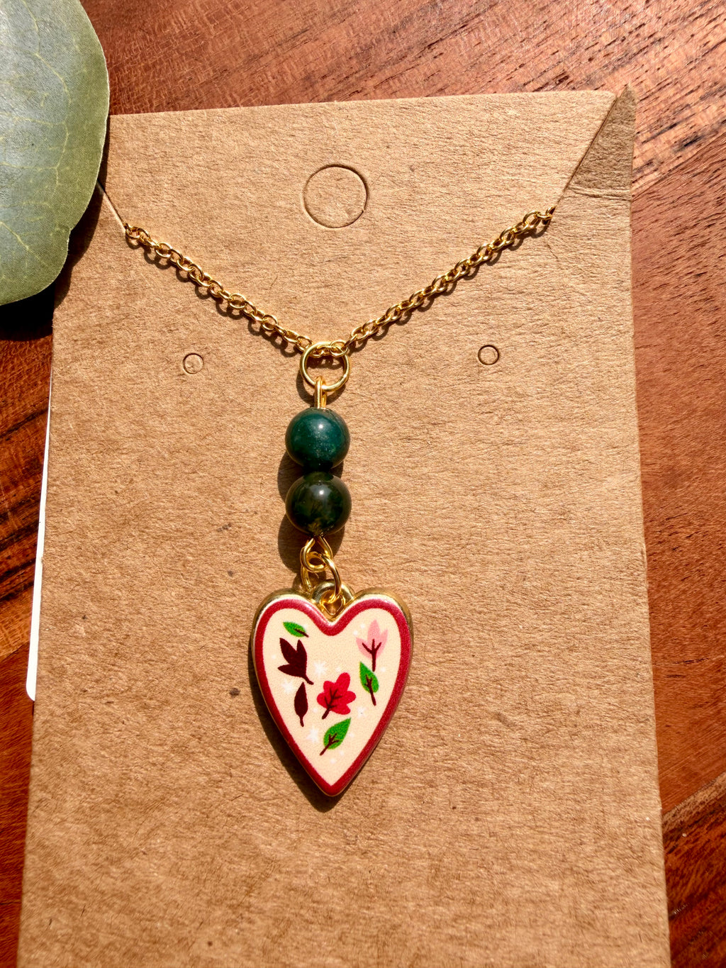Ocean Jasper Floral Heart Necklace – Gold Plated Stainless Steel Chain | Unique Handmade Piece