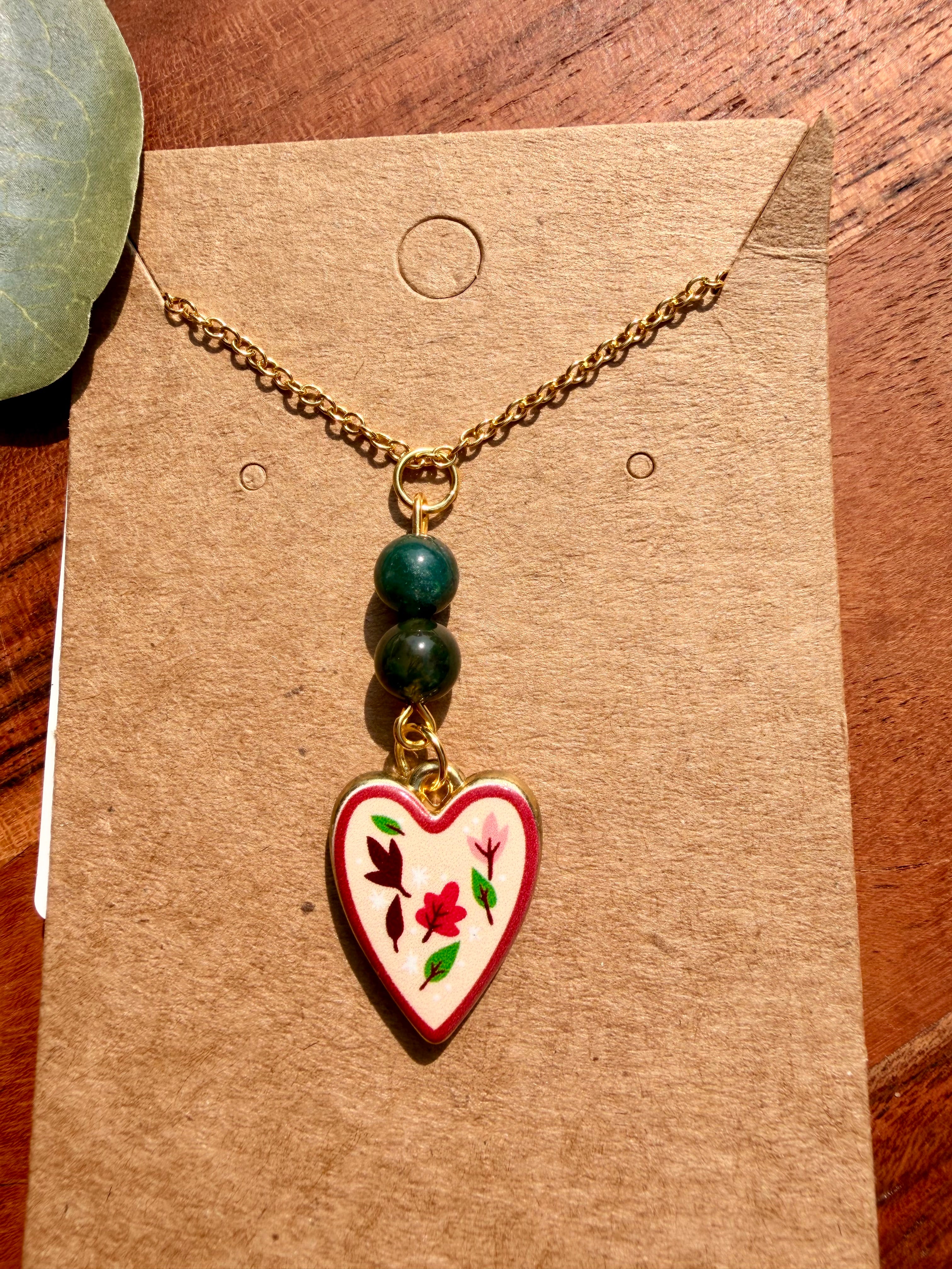 Ocean Jasper Floral Heart Necklace – Gold Plated Stainless Steel Chain | Unique Handmade Piece