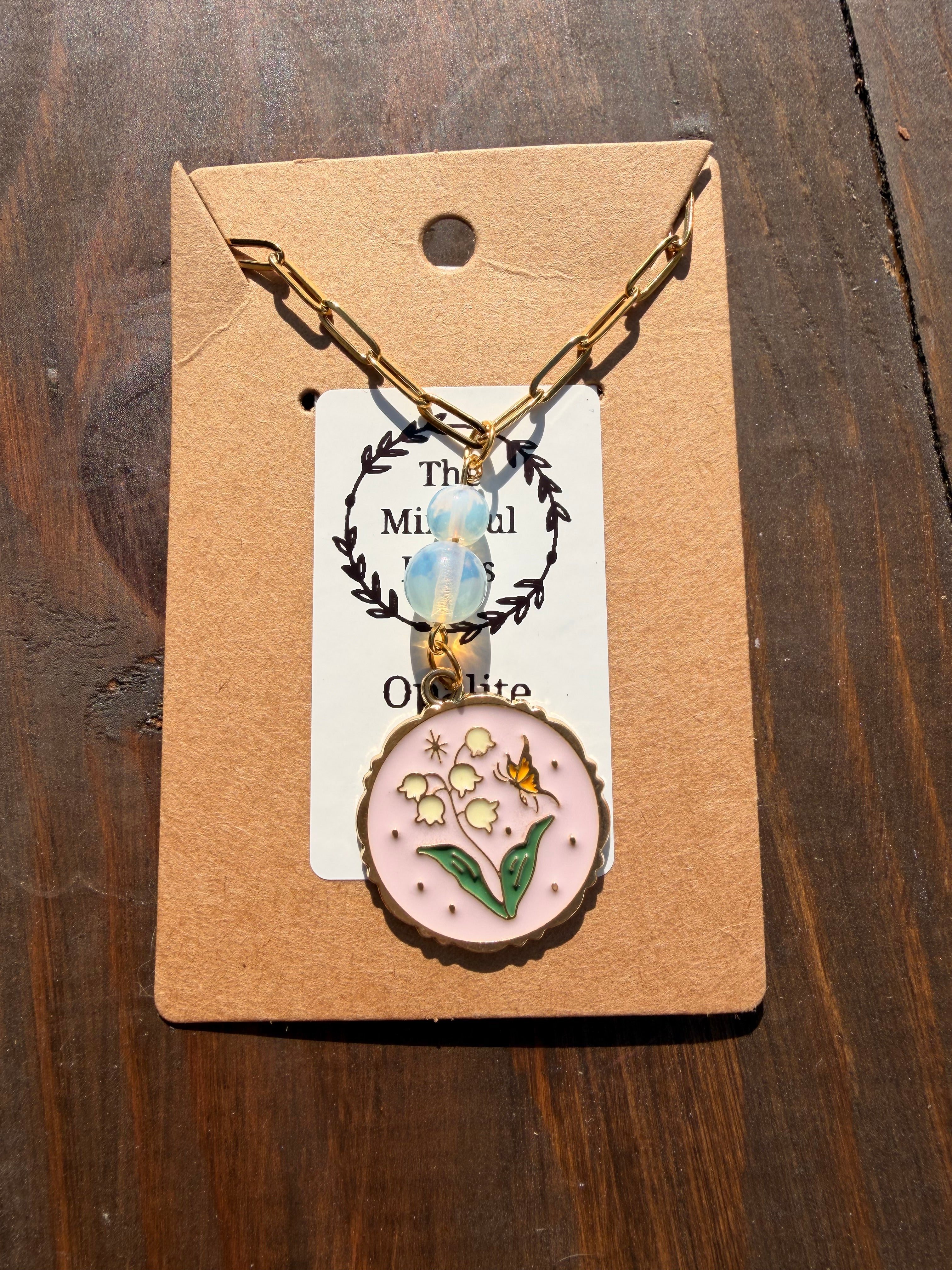 Opalite Floral Necklace – Gold Plated Stainless Steel Chain | Unique Handmade Piece