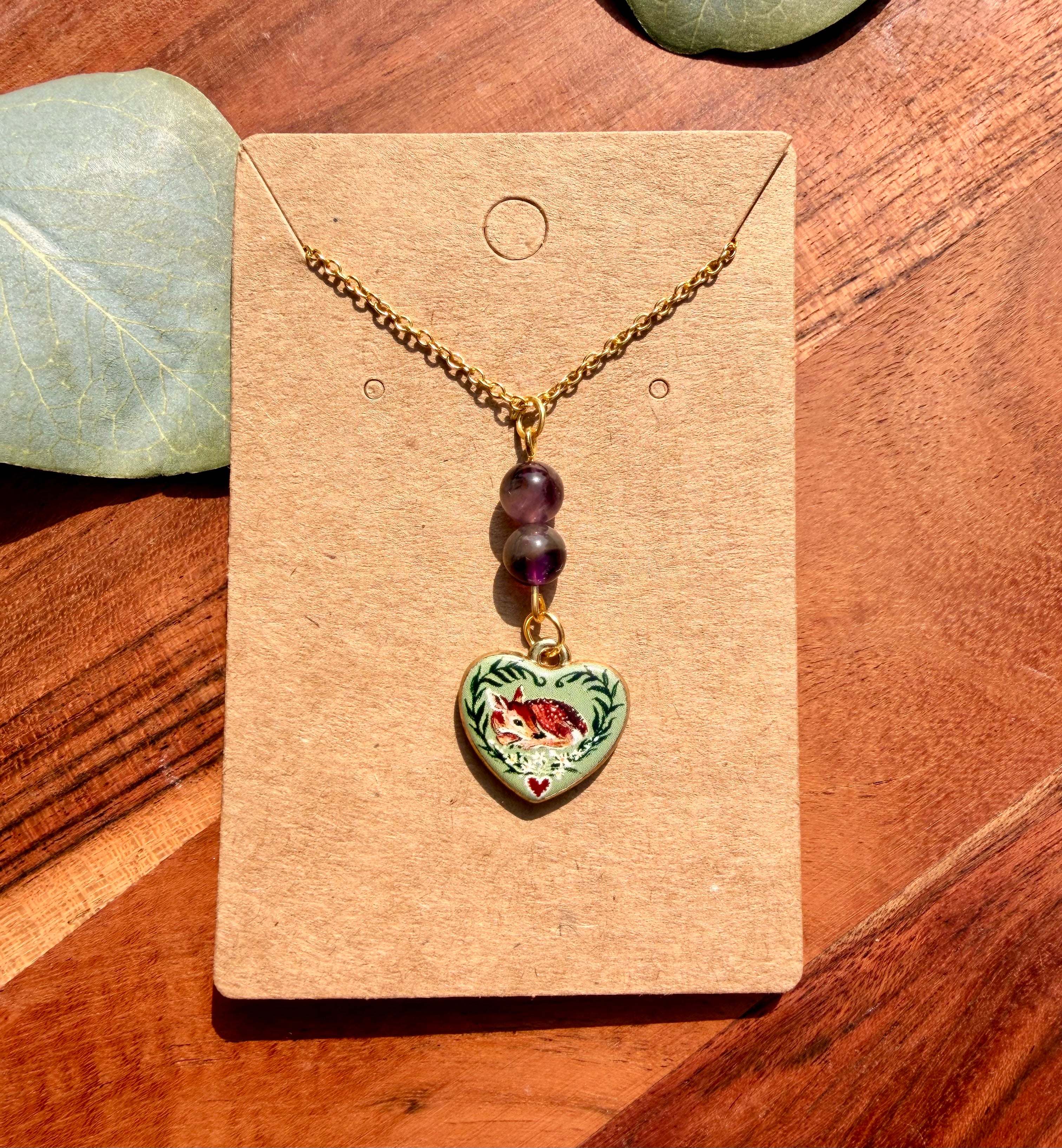 Amethyst Woodland Deer Necklace – Gold Plated Stainless Steel Chain | Unique Handmade Piece