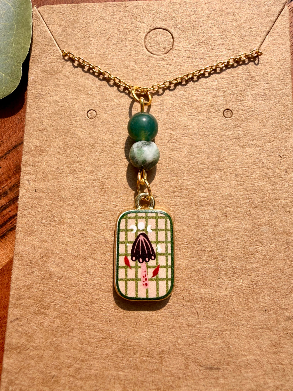 Moss Agate Storybook Mushroom Necklace – Gold Plated Stainless Steel Chain | Unique Handmade Piece