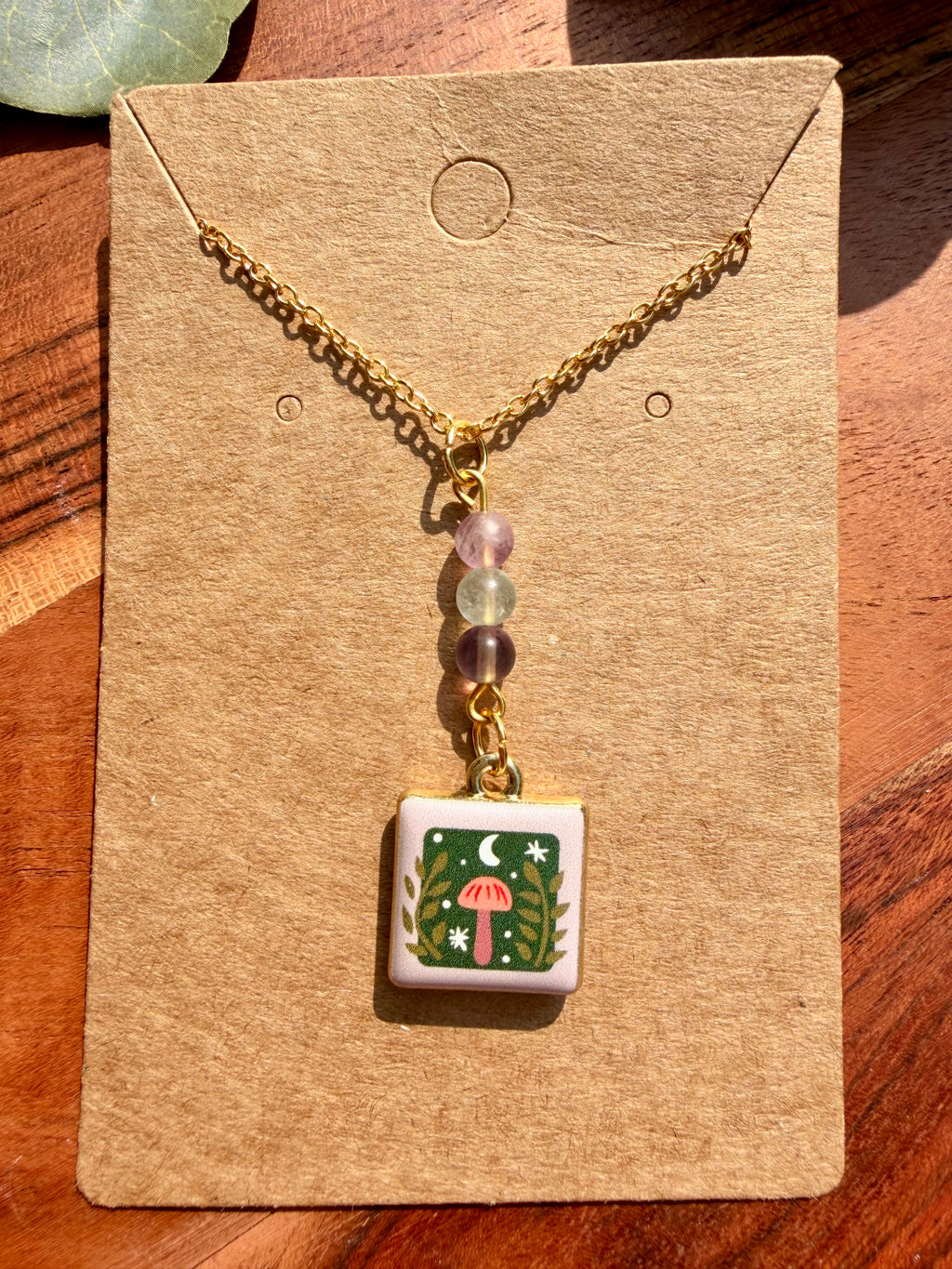 Fluorite Storybook Mushroom Necklace – Gold Plated Stainless Steel Chain | Unique Handmade Piece