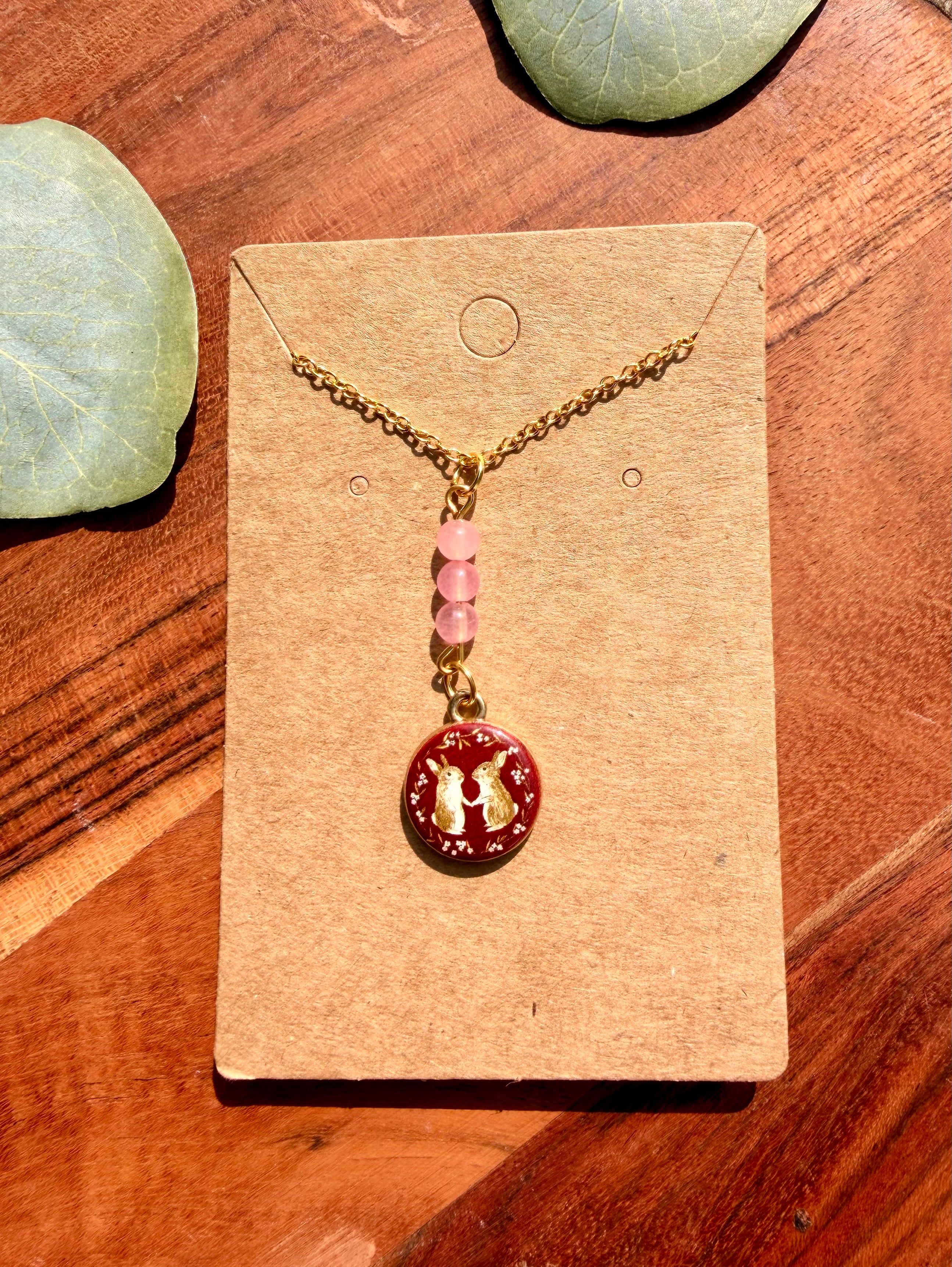 Rose Quartz Storybook Rabbits Necklace – Gold Plated Stainless Steel Chain | Unique Handmade Piece