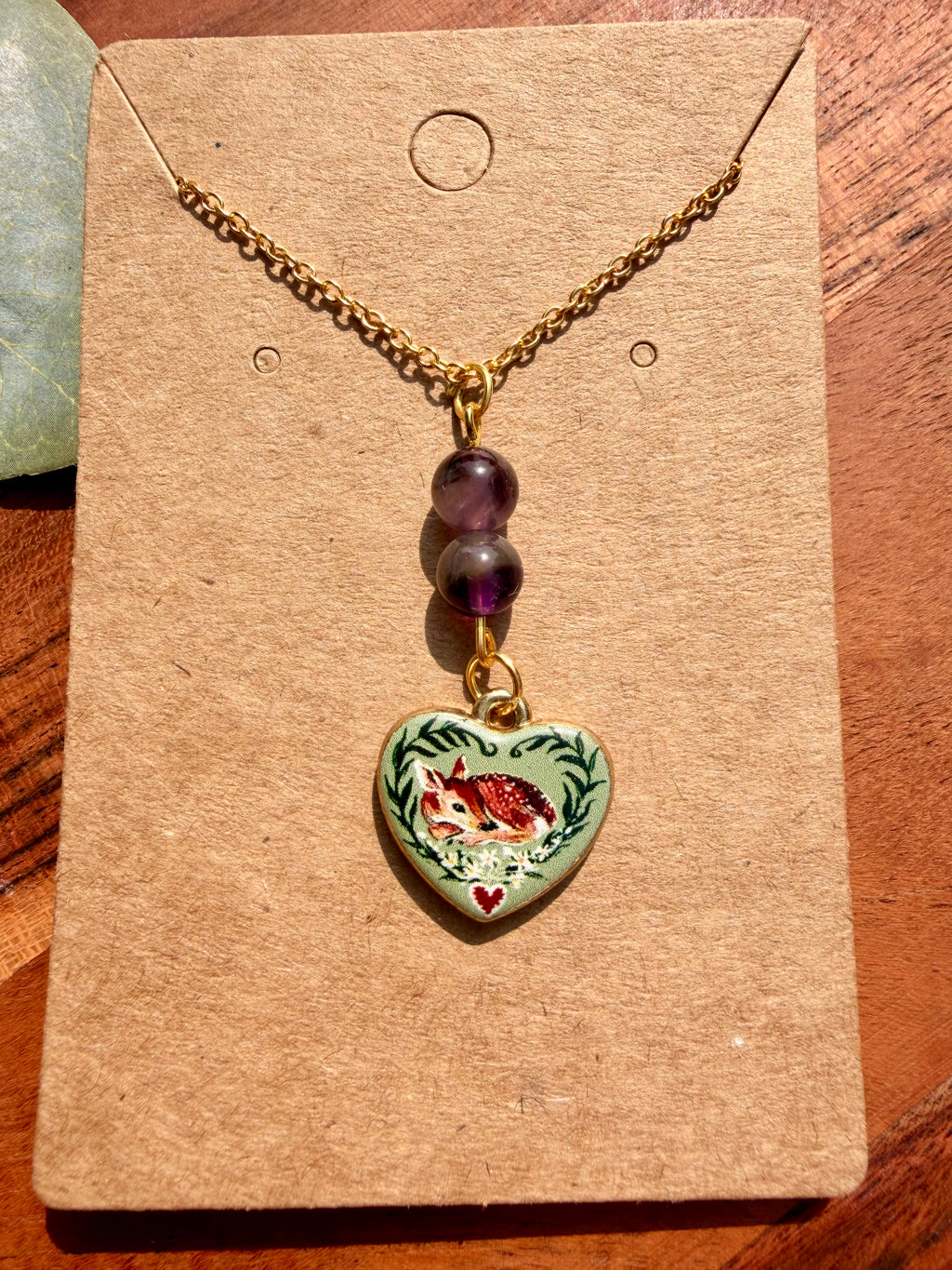 Amethyst Woodland Deer Necklace – Gold Plated Stainless Steel Chain | Unique Handmade Piece