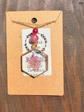Watermelon Tourmaline Botanical Resin Necklace – Gold Plated Stainless Steel Chain | Unique Handmade Piece