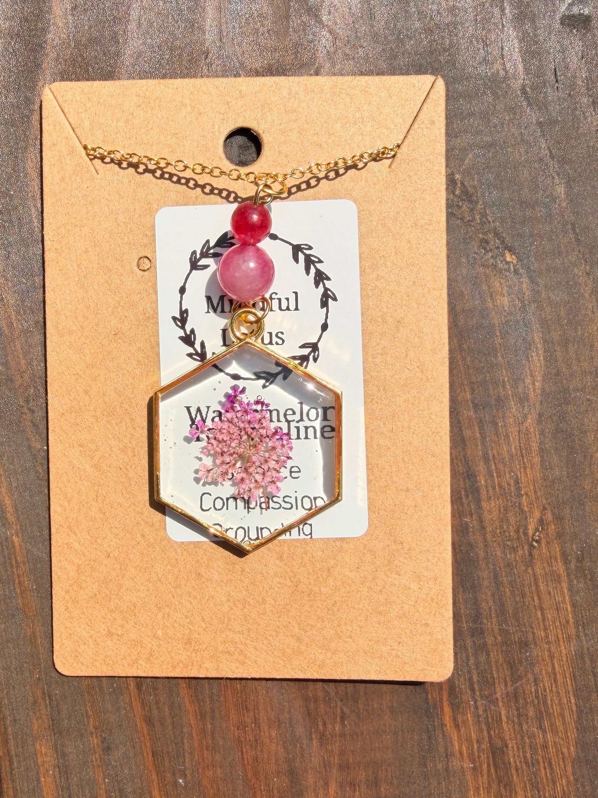 Watermelon Tourmaline Botanical Resin Necklace – Gold Plated Stainless Steel Chain | Unique Handmade Piece