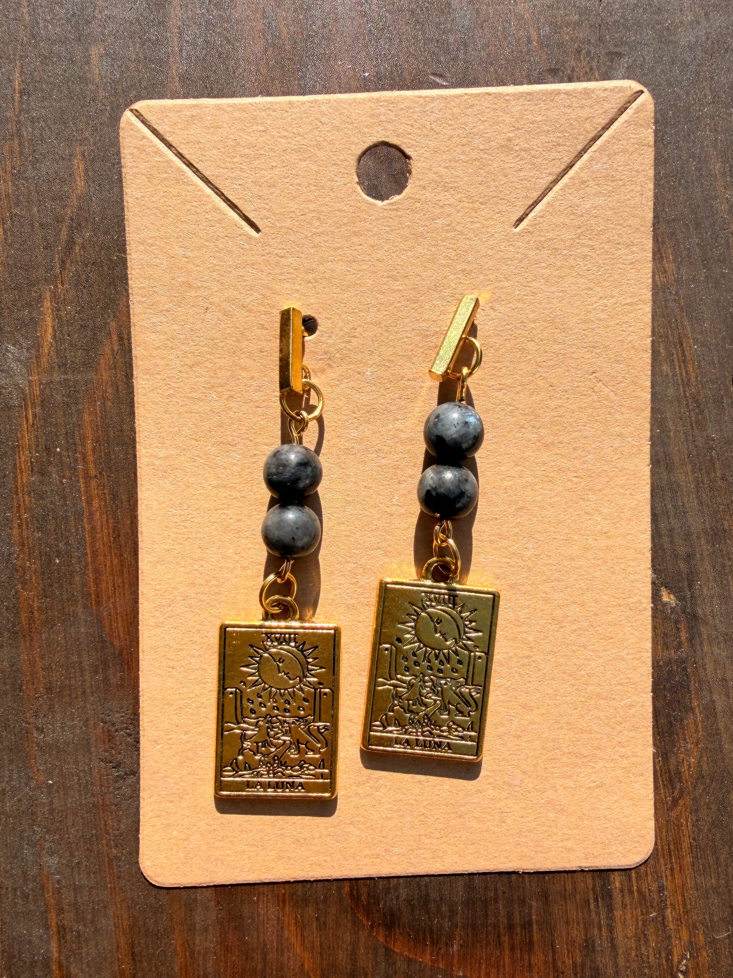 Labradorite Tarot Earrings – Gold Plated Stainless Steel Posts | Unique Handmade Piece