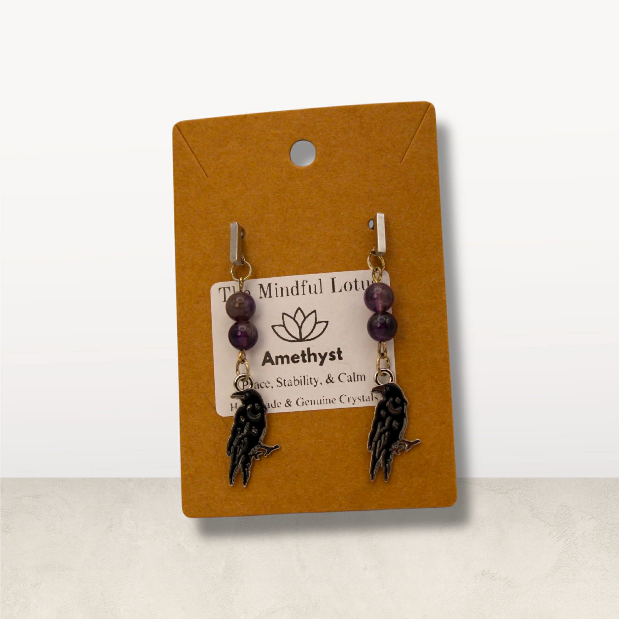 Amethyst Raven Earrings – Stainless Steel Posts