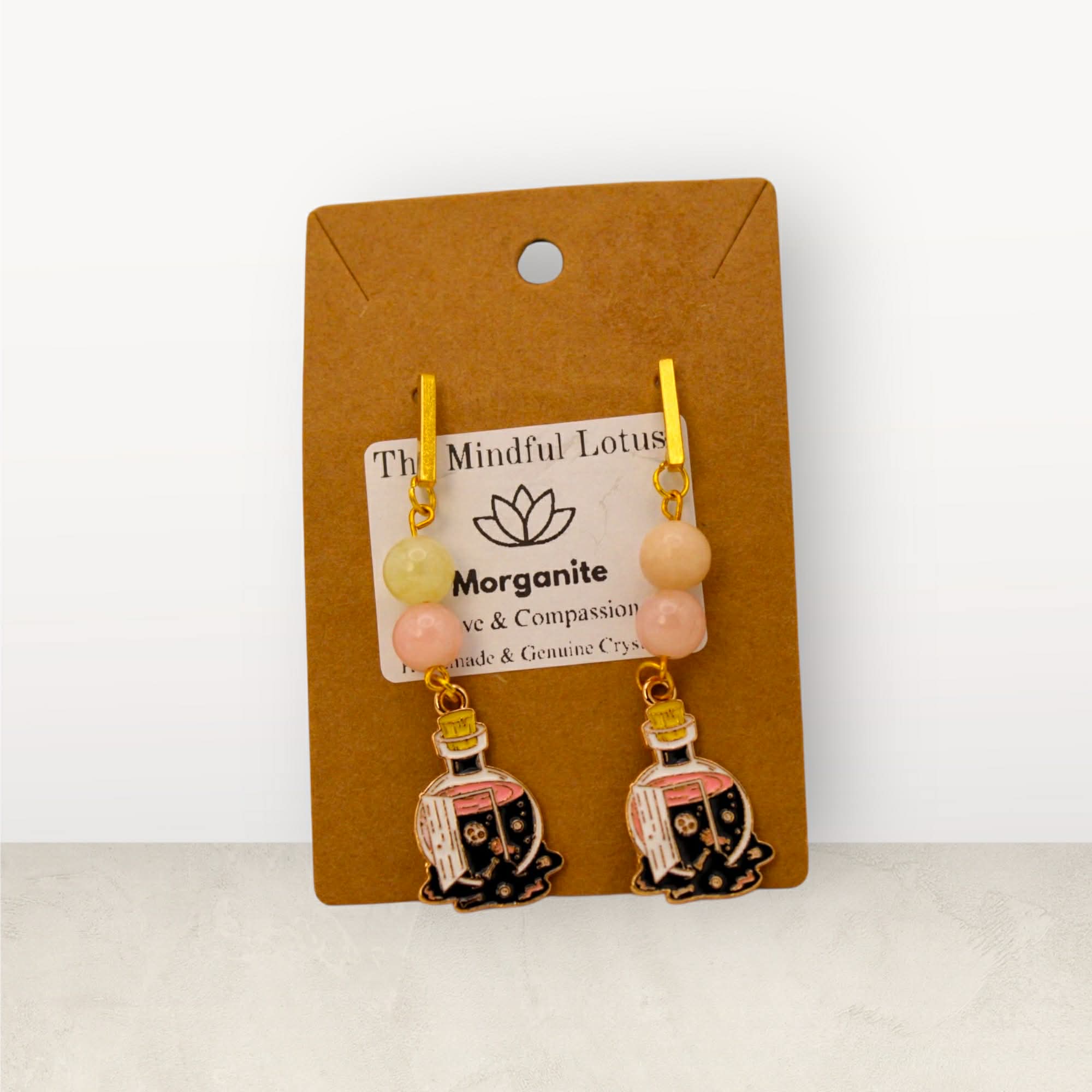 Morganite Potion Bottle Earrings – Gold Tone Stainless Steel