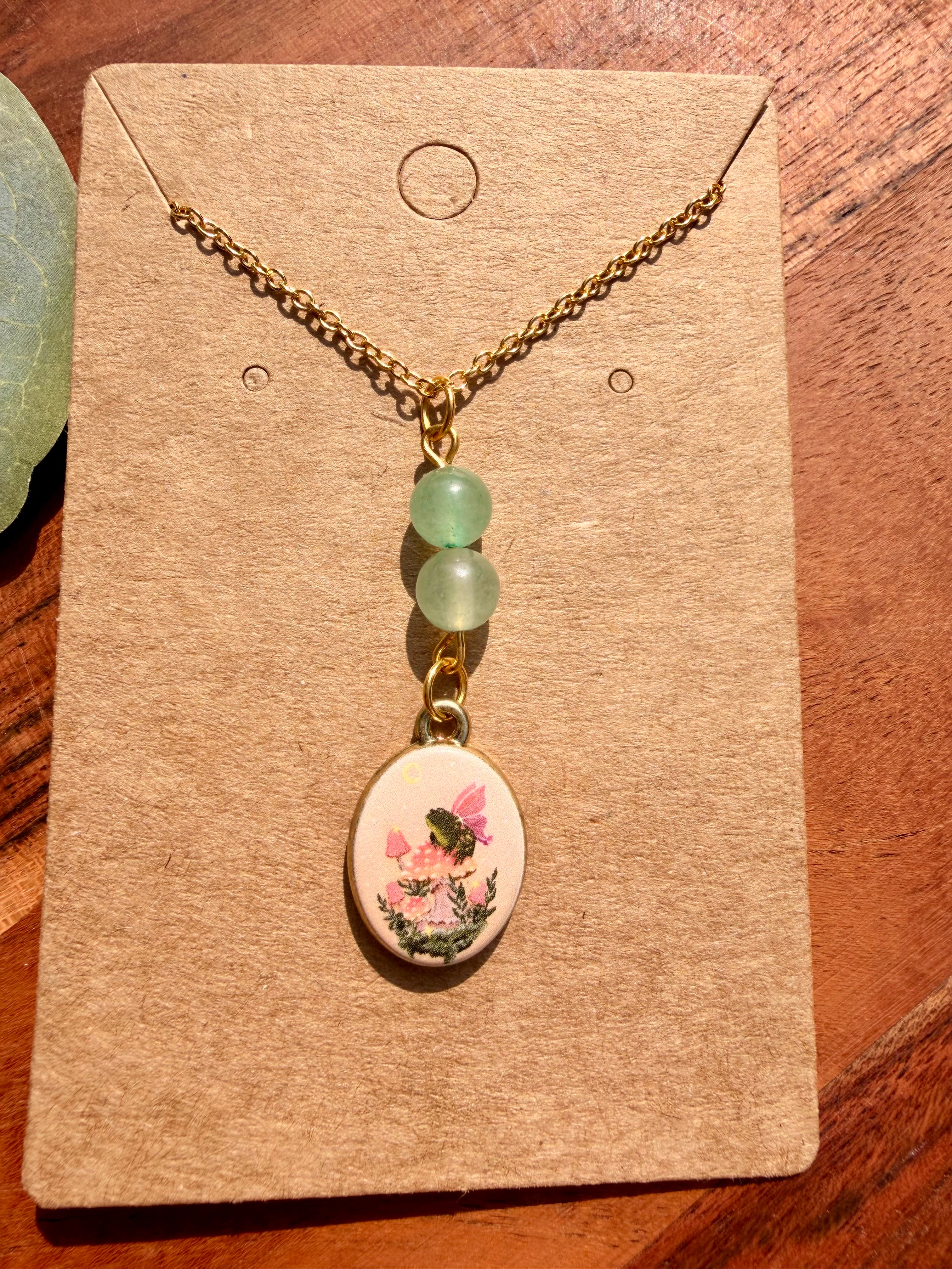 Green Aventurine Fairy Frog Necklace – Gold Plated Stainless Steel Chain | Unique Handmade Piece