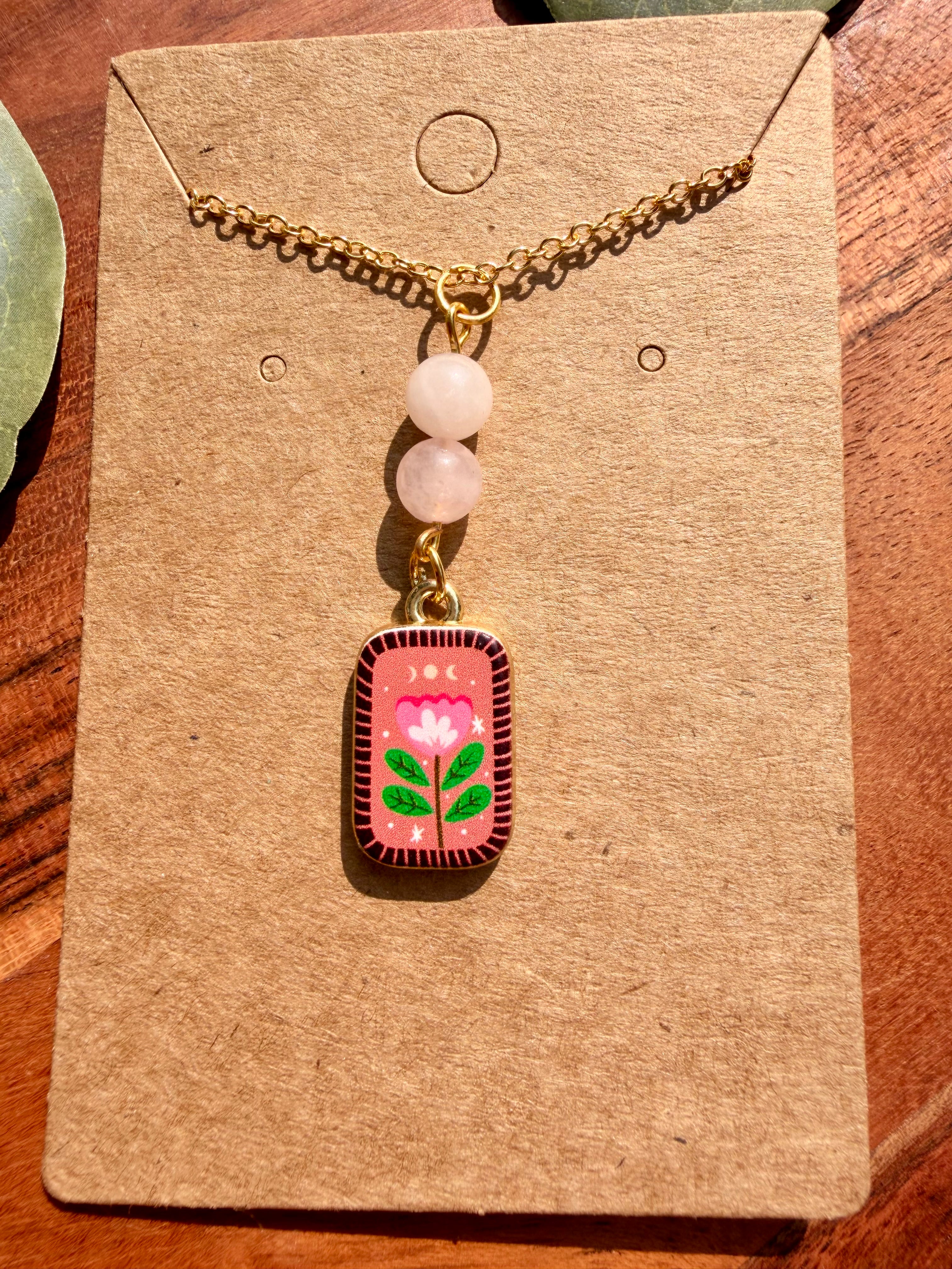 Rose Quartz Folk Art Floral Necklace – Gold Plated Stainless Steel Chain | Unique Handmade Piece