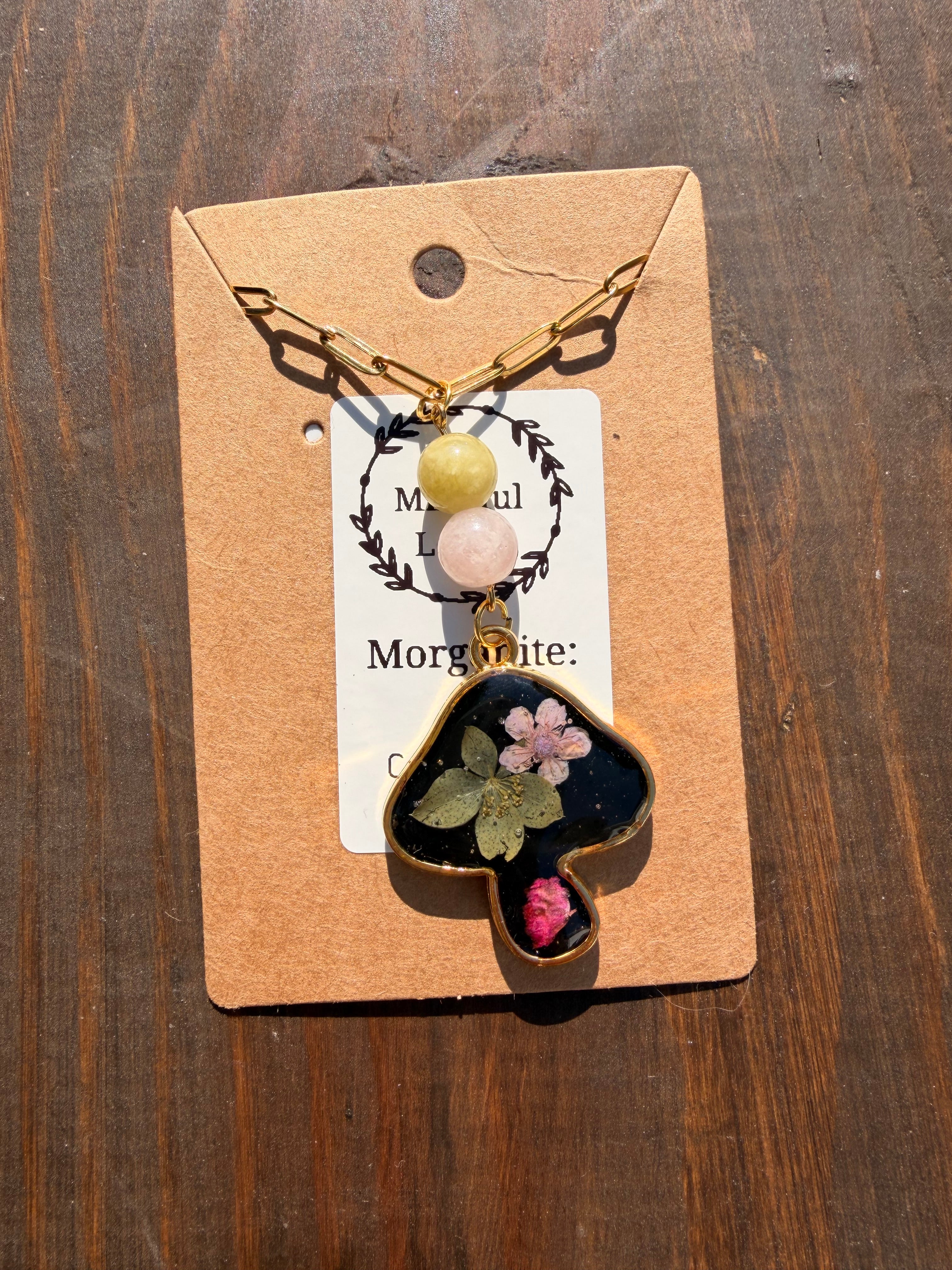Morganite Mushroom Necklace – Gold Plated Stainless Steel Chain | Unique Handmade Piece
