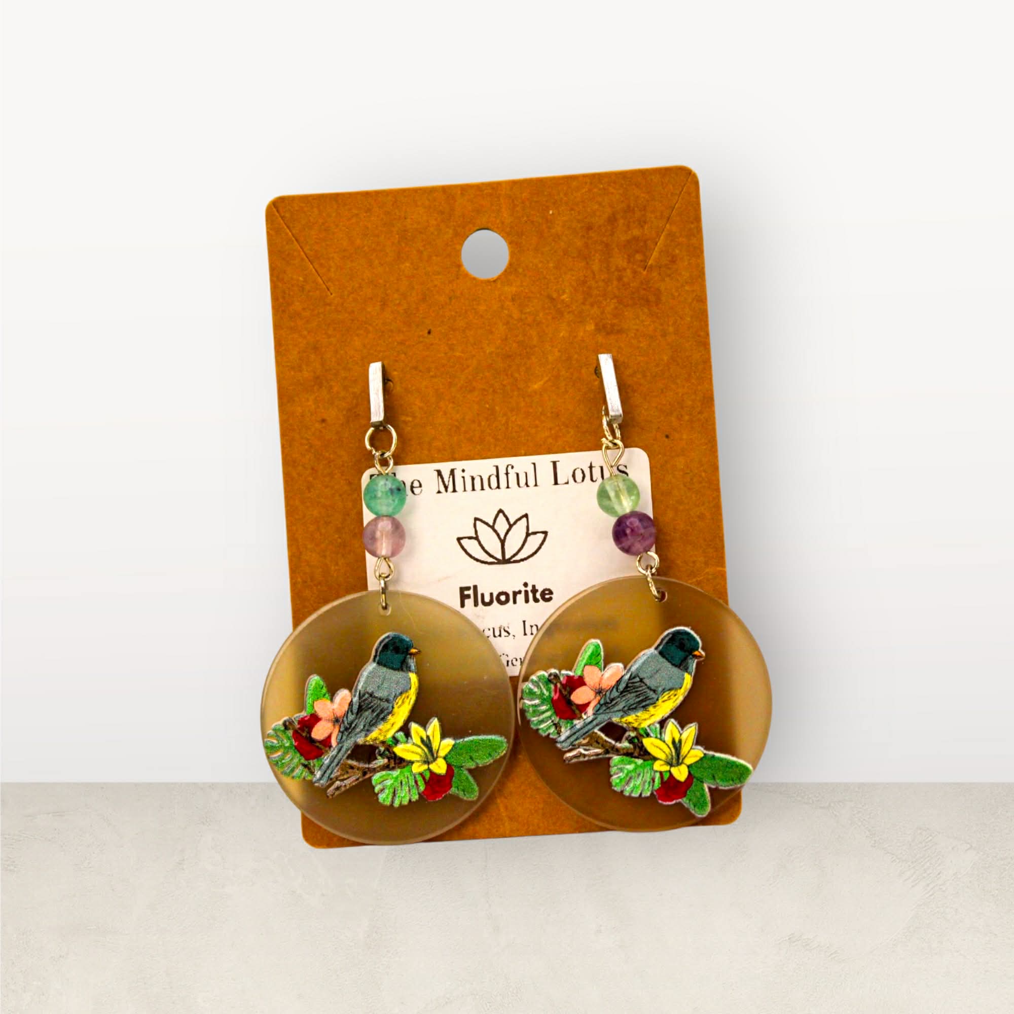 Fluorite Bird Medallion Earrings – Stainless Steel Posts