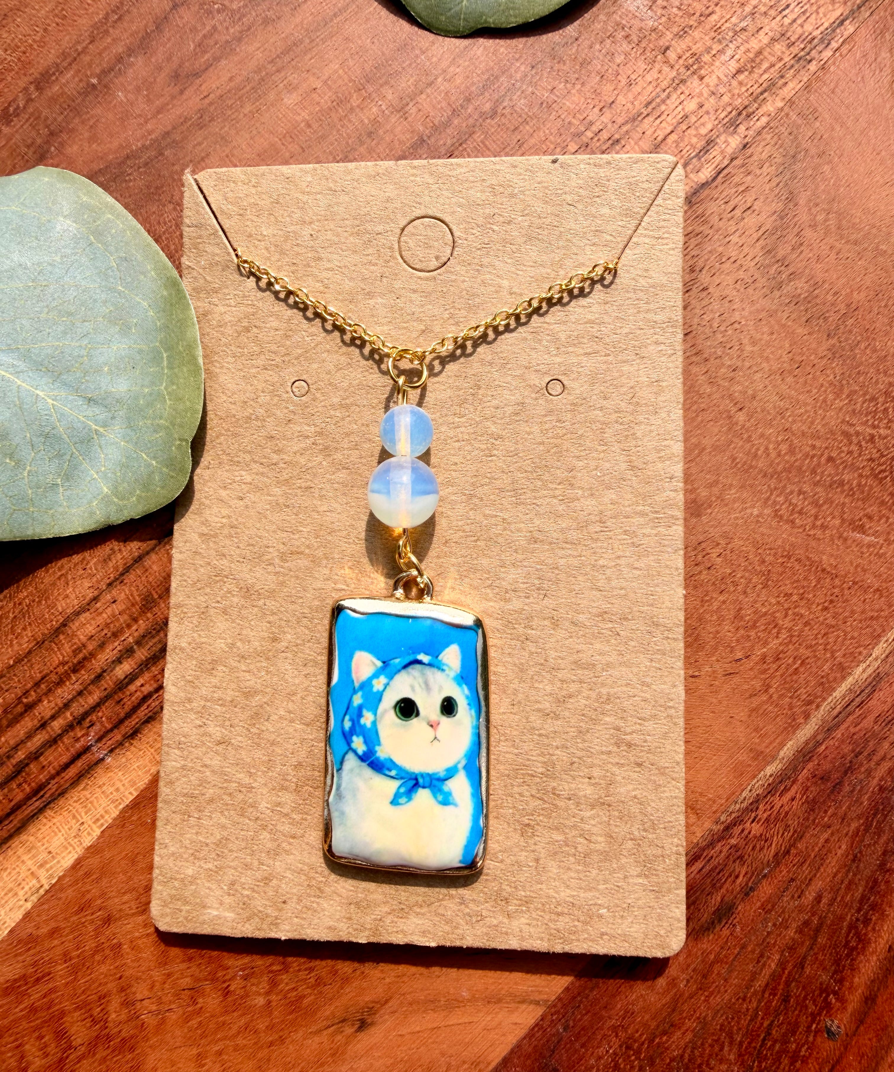 Opalite Storybook Cat Necklace – Gold Plated Stainless Steel Chain | Unique Handmade Piece