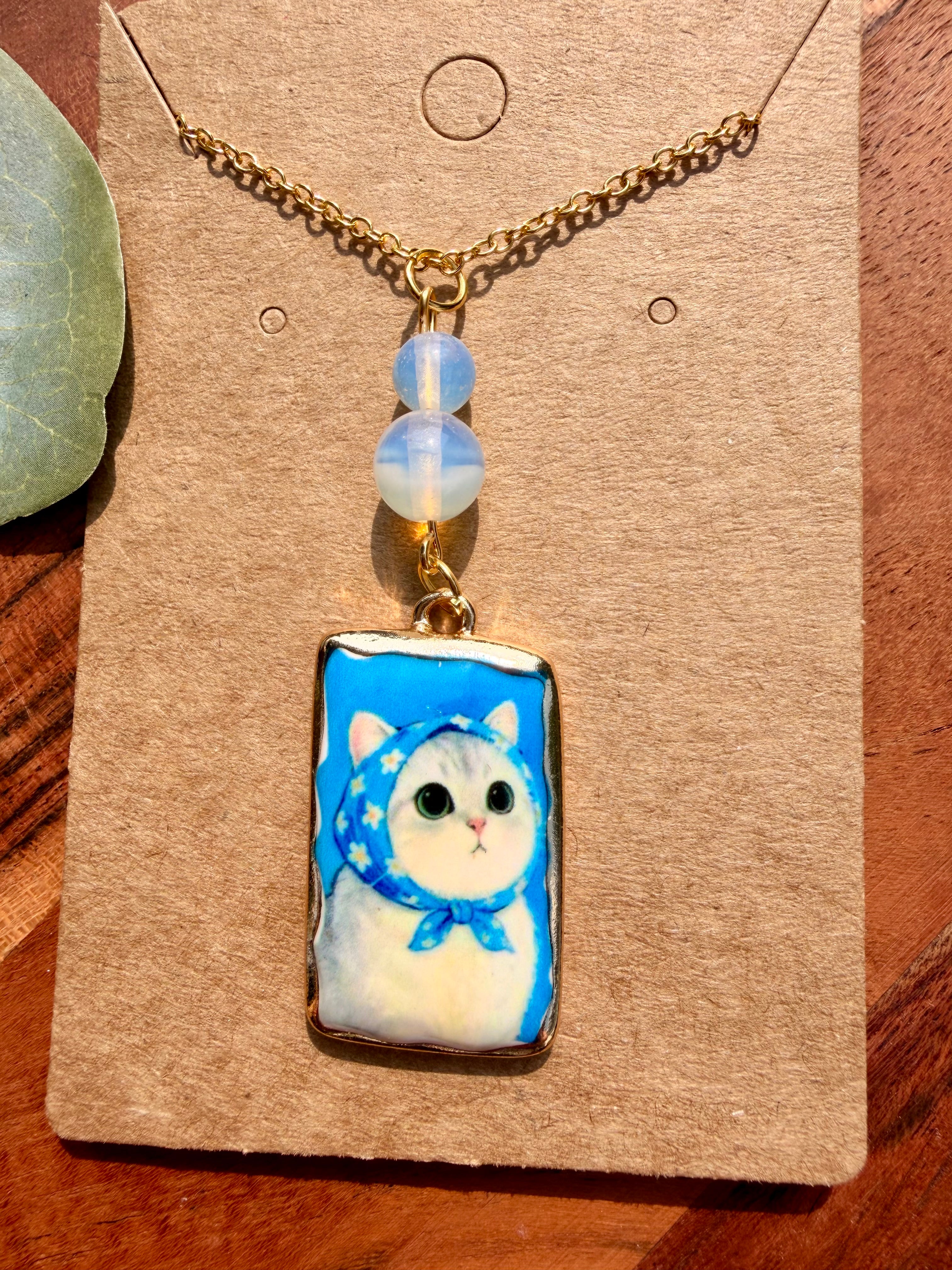 Opalite Storybook Cat Necklace – Gold Plated Stainless Steel Chain | Unique Handmade Piece
