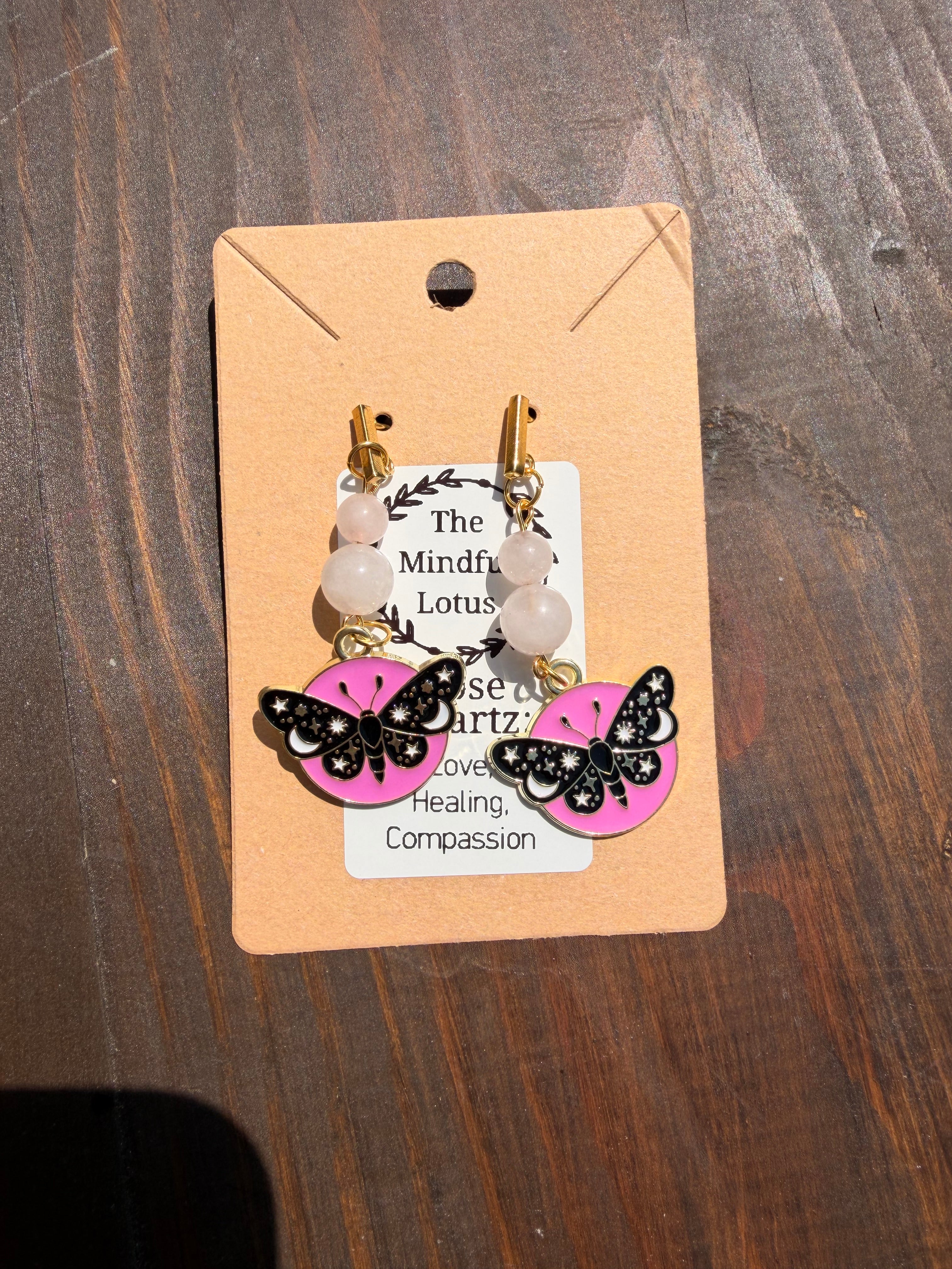 Rose Quartz Moth Earrings – Gold Plated Stainless Steel Posts | Unique Handmade Piece