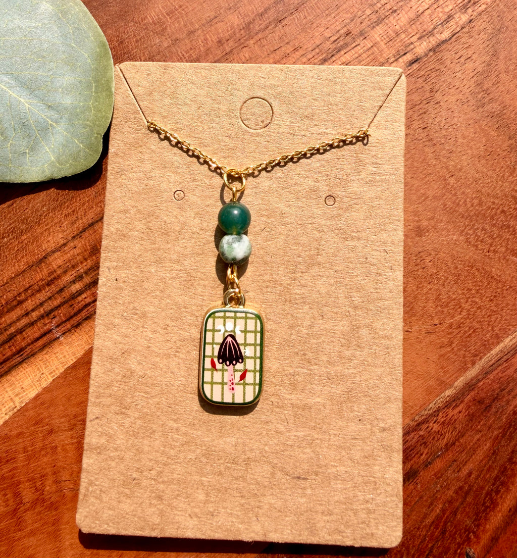 Moss Agate Storybook Mushroom Necklace – Gold Plated Stainless Steel Chain | Unique Handmade Piece