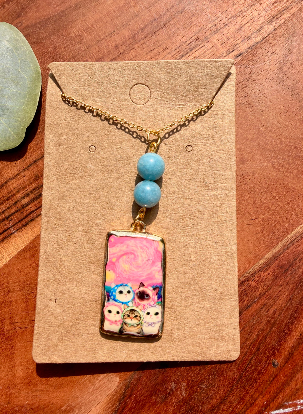 Aquamarine Storybook Kitties Necklace – Gold Plated Stainless Steel Chain | Unique Handmade Piece