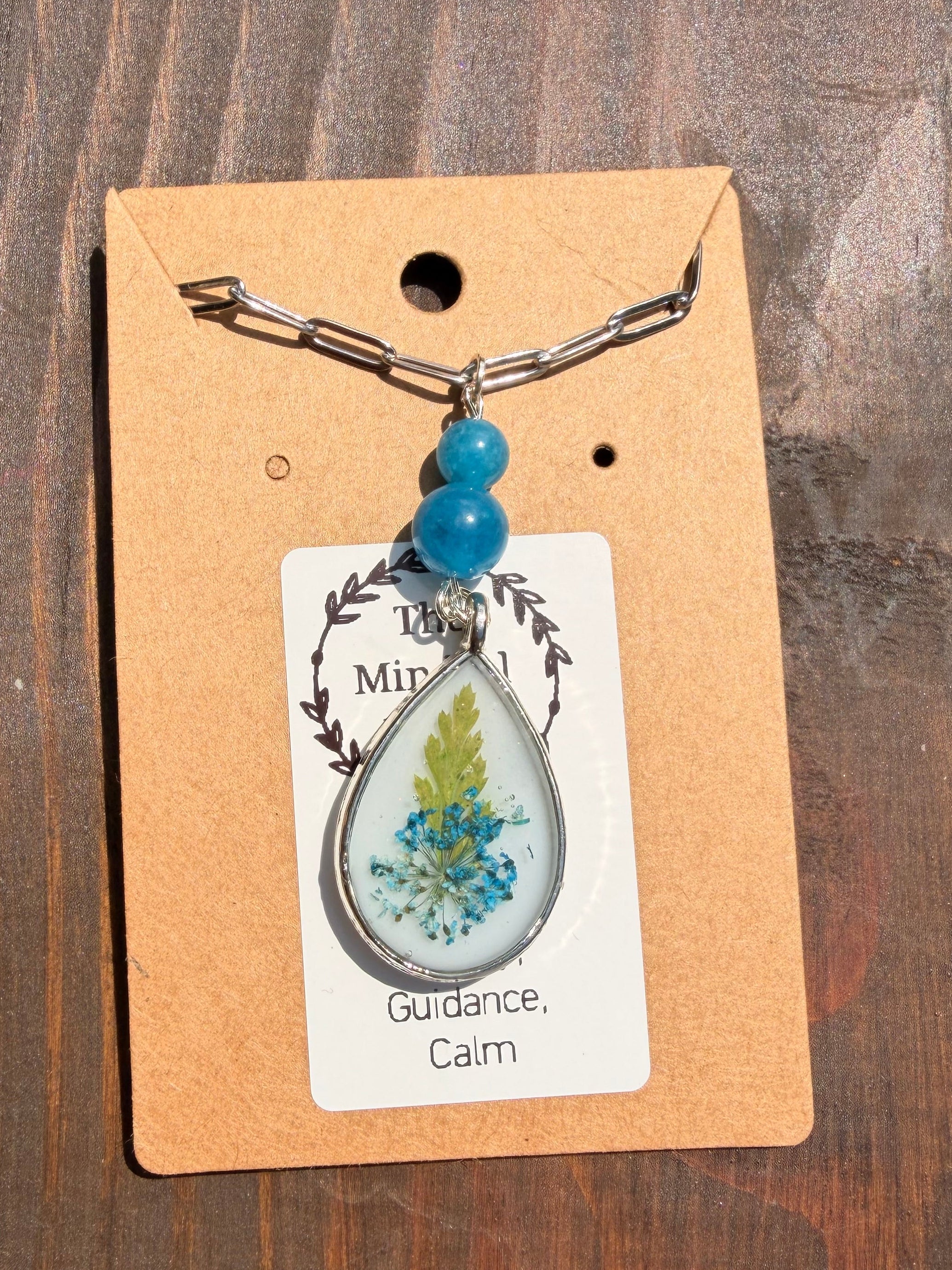 Apatite Botanical Resin Necklace – Stainless Steel Chain (Silver Tone) | Unique Handmade Piece