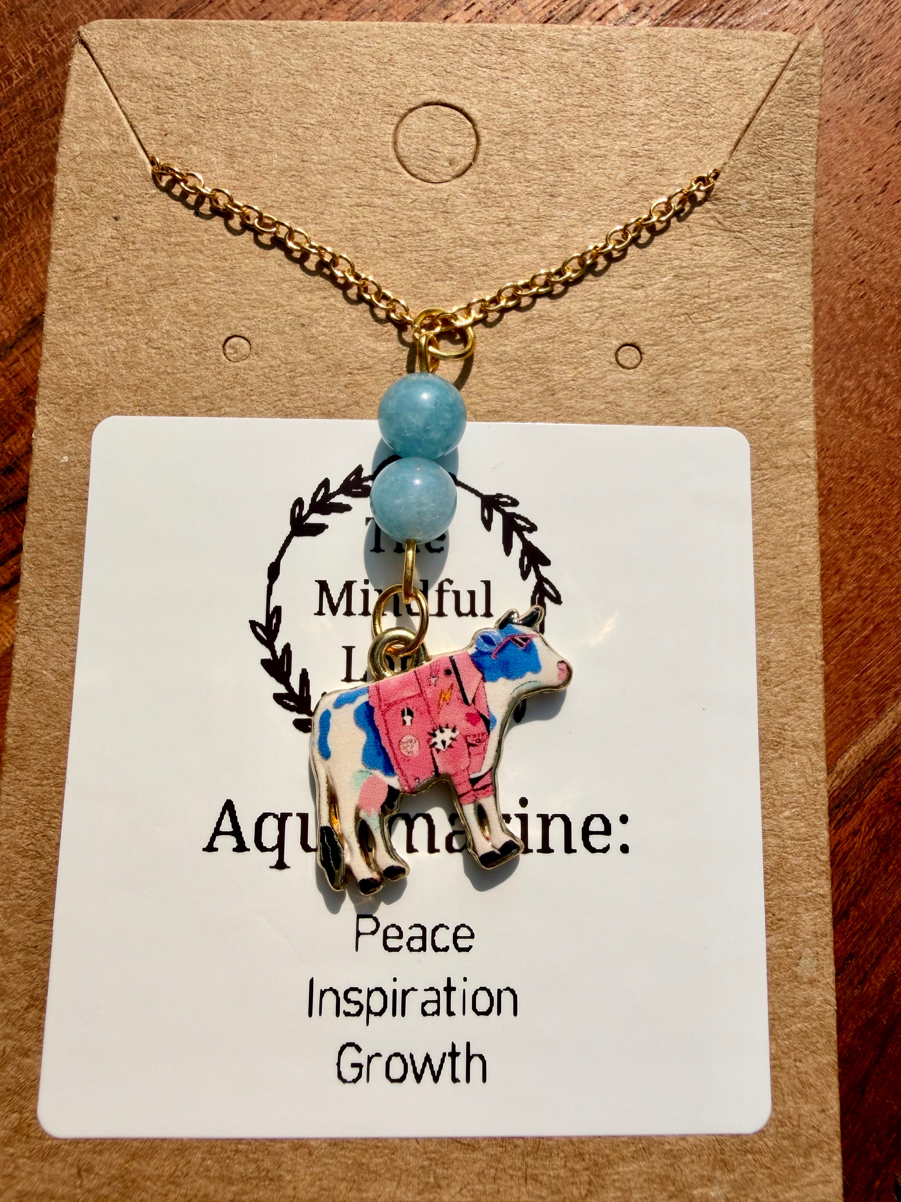 Aquamarine Pink Punk Cow Necklace – Gold Plated Stainless Steel Chain | Unique Handmade Piece