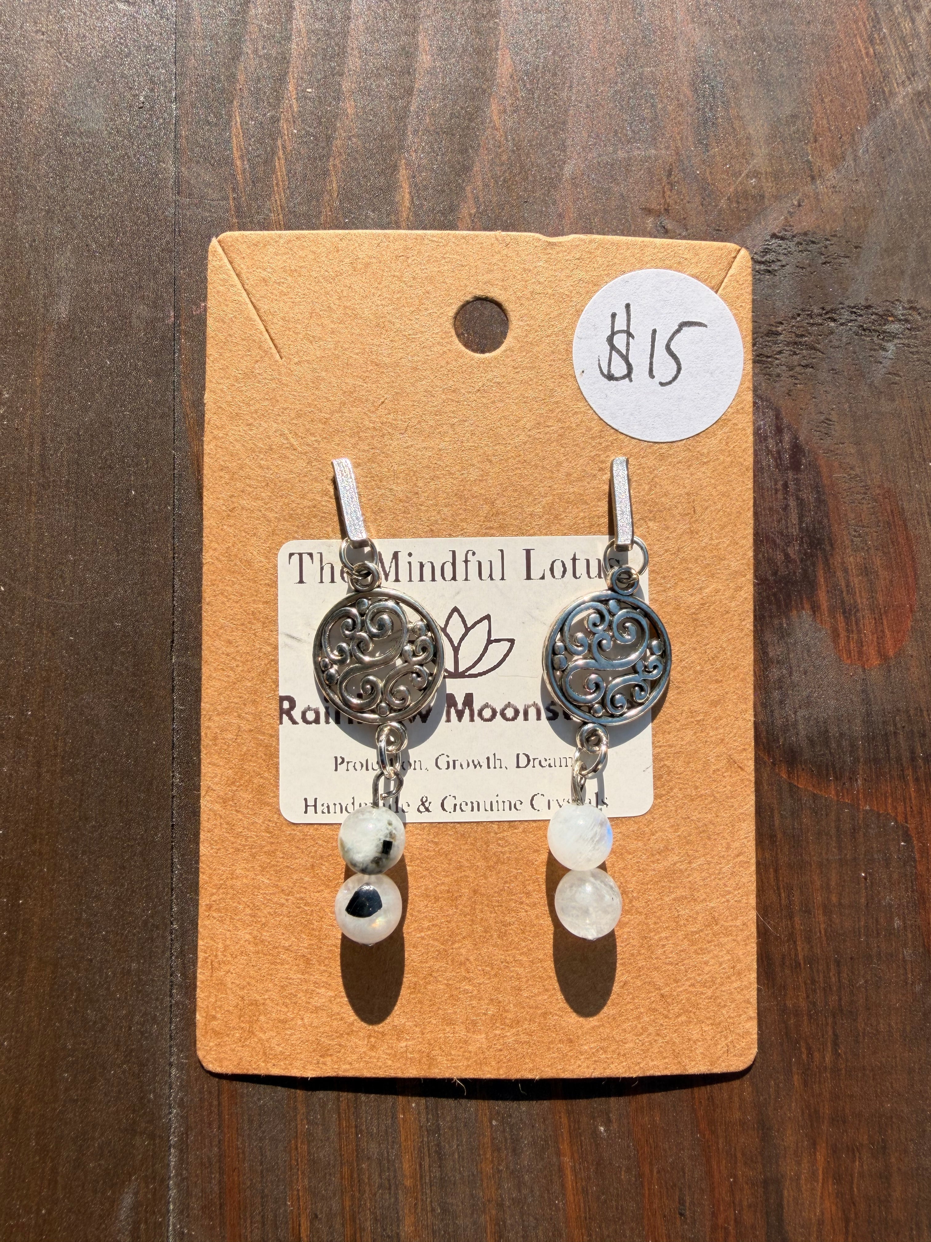 Rainbow Moonstone Filigree Earrings – Stainless Steel Earring Posts (Silver Tone) | Unique Handmade Piece