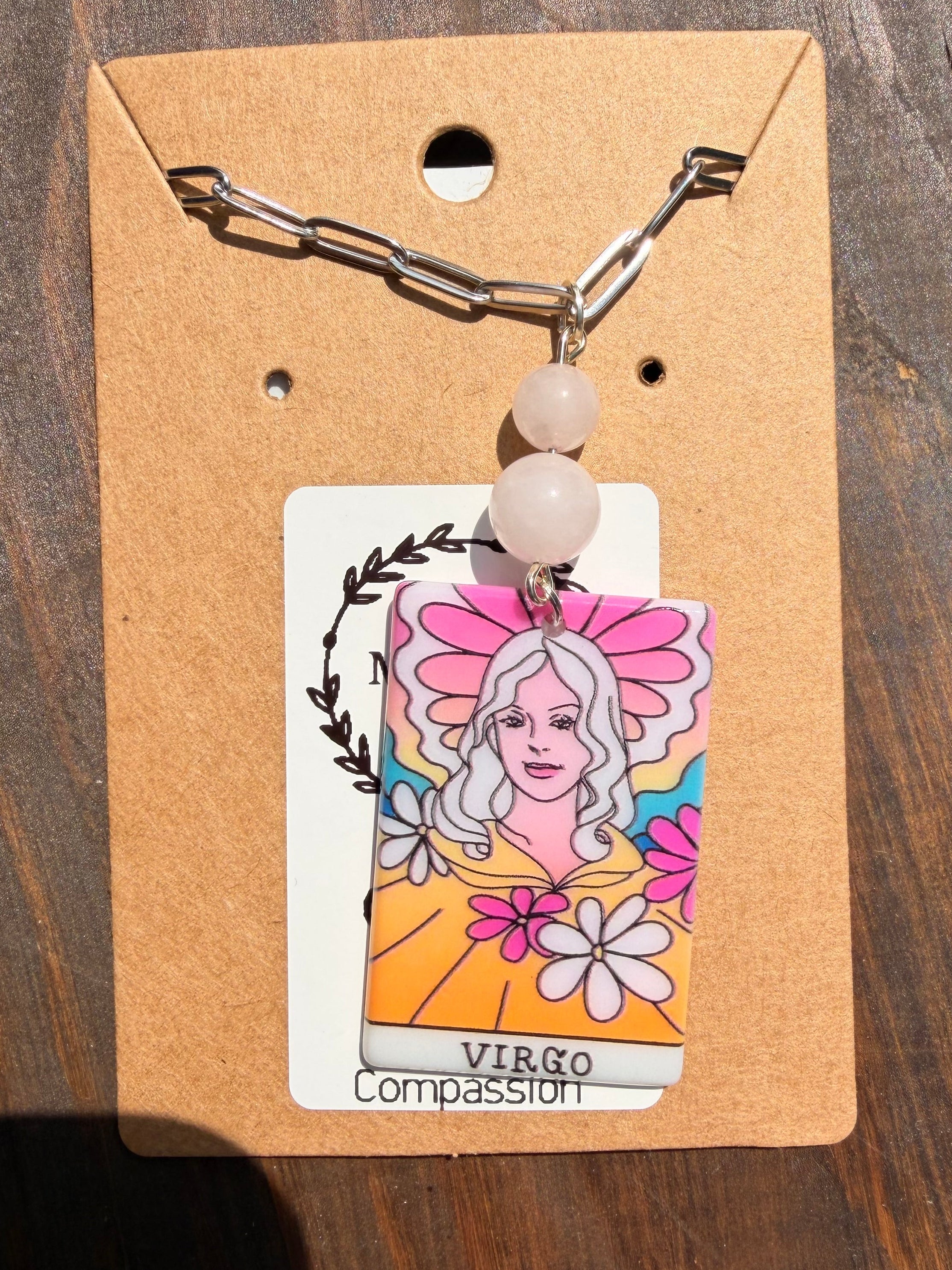 Virgo Zodiac Necklace – Rose Quartz | Stainless Steel Chain (Silver Tone) | Unique Handmade Piece