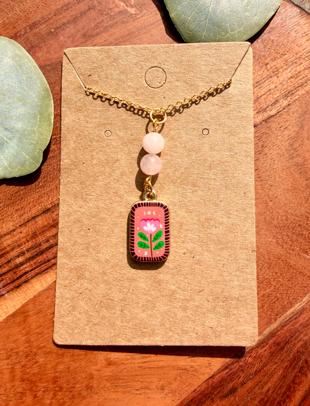 Rose Quartz Folk Art Floral Necklace – Gold Plated Stainless Steel Chain | Unique Handmade Piece