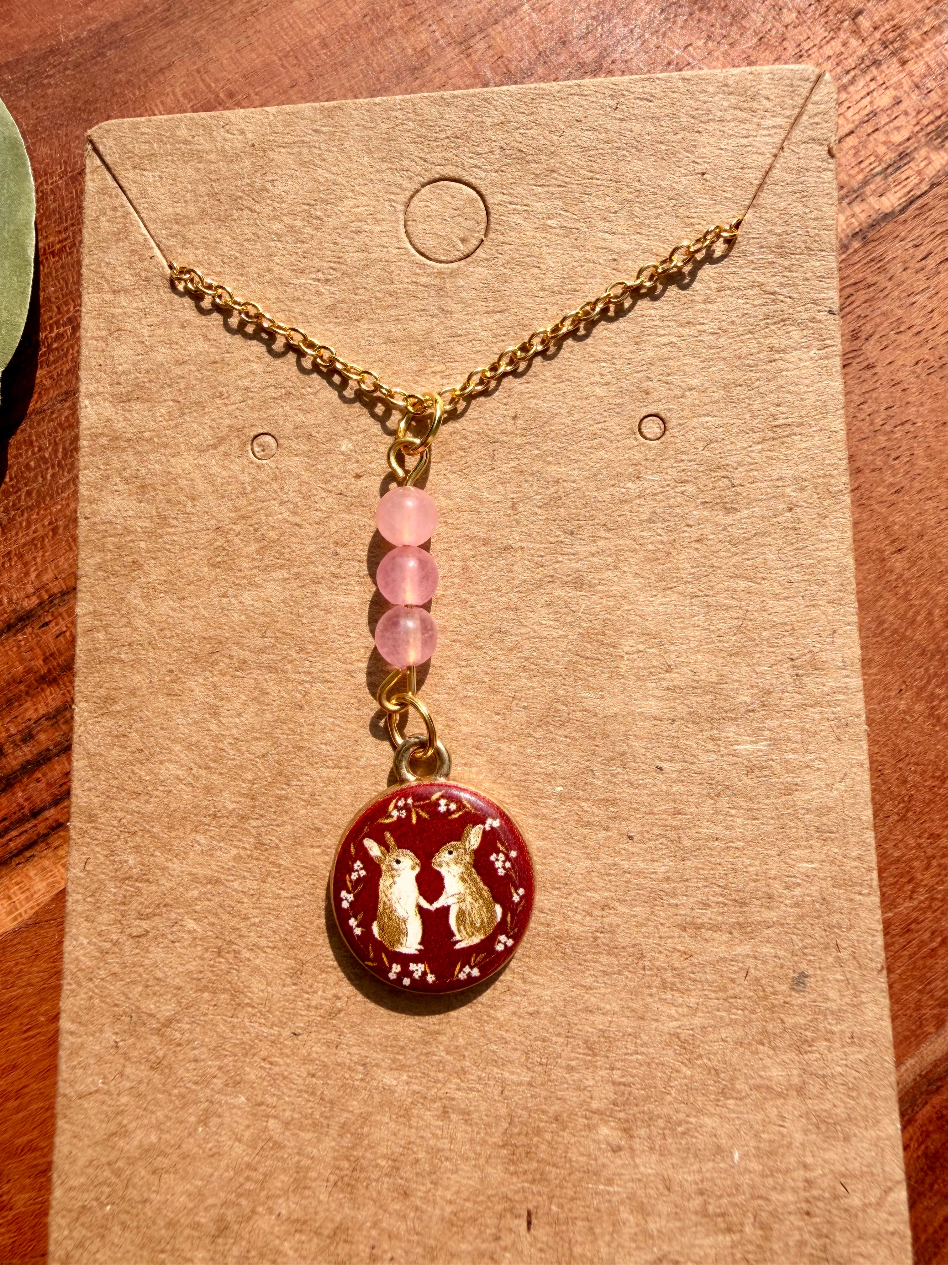 Rose Quartz Storybook Rabbits Necklace – Gold Plated Stainless Steel Chain | Unique Handmade Piece