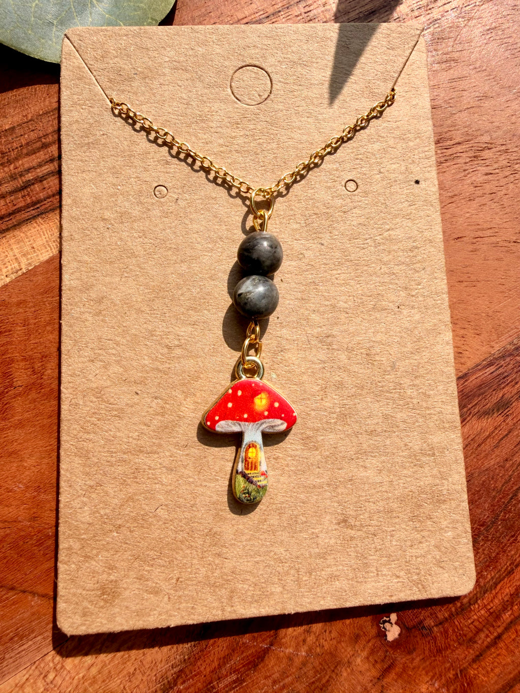 Labradorite Mushroom Necklace – Gold Plated Stainless Steel Chain | Unique Handmade Piece