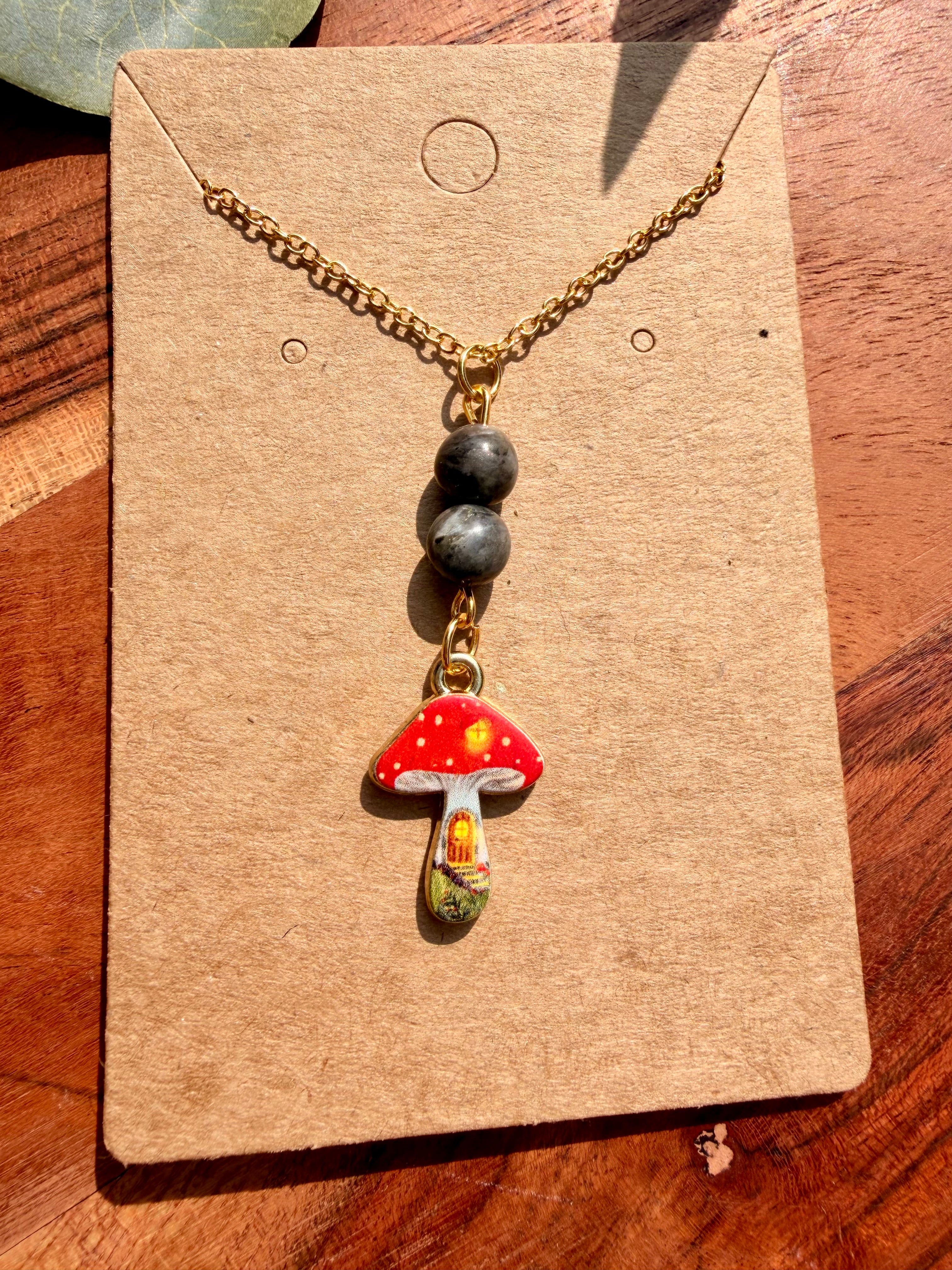 Labradorite Mushroom Necklace – Gold Plated Stainless Steel Chain | Unique Handmade Piece