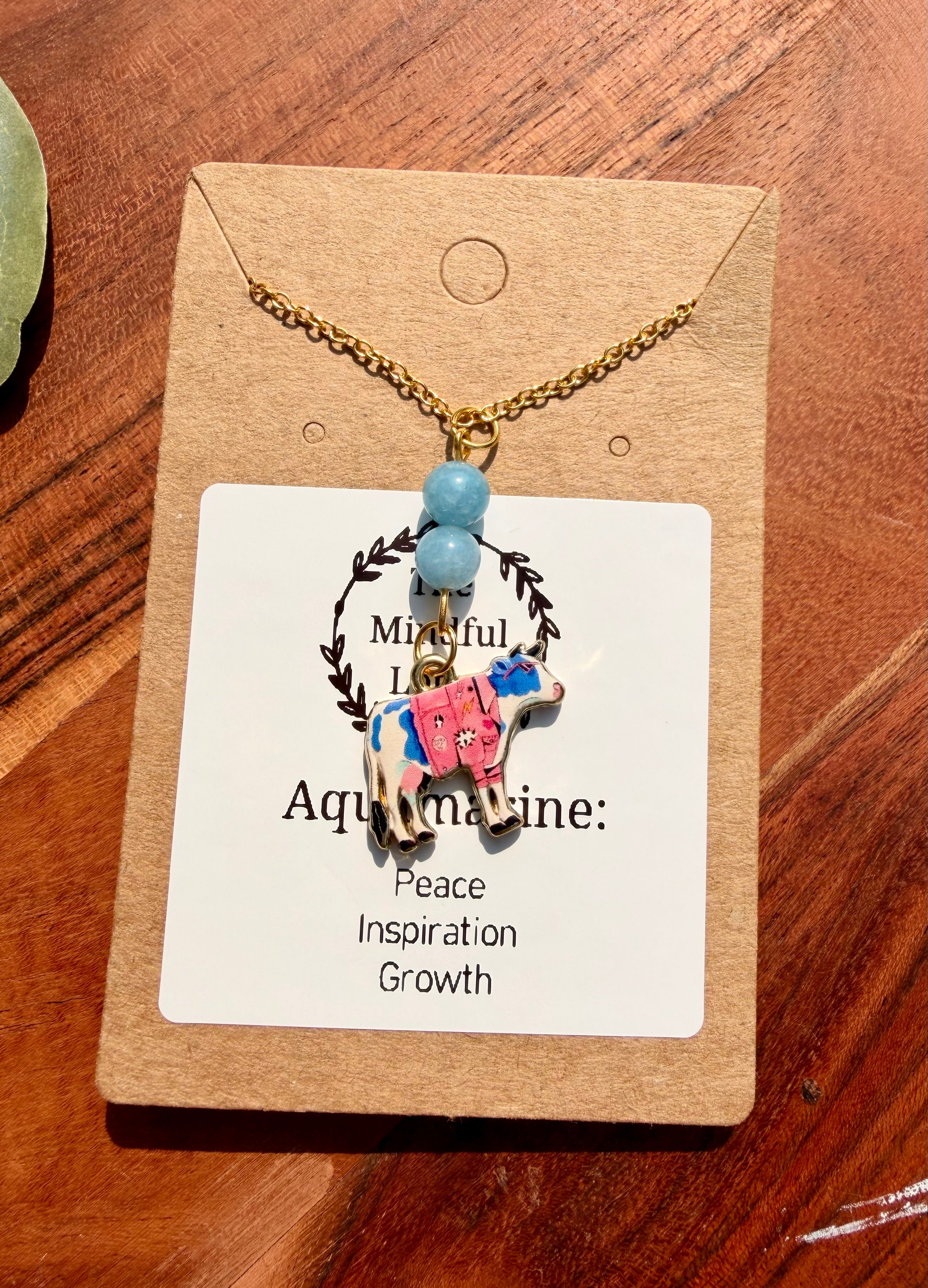 Aquamarine Pink Punk Cow Necklace – Gold Plated Stainless Steel Chain | Unique Handmade Piece