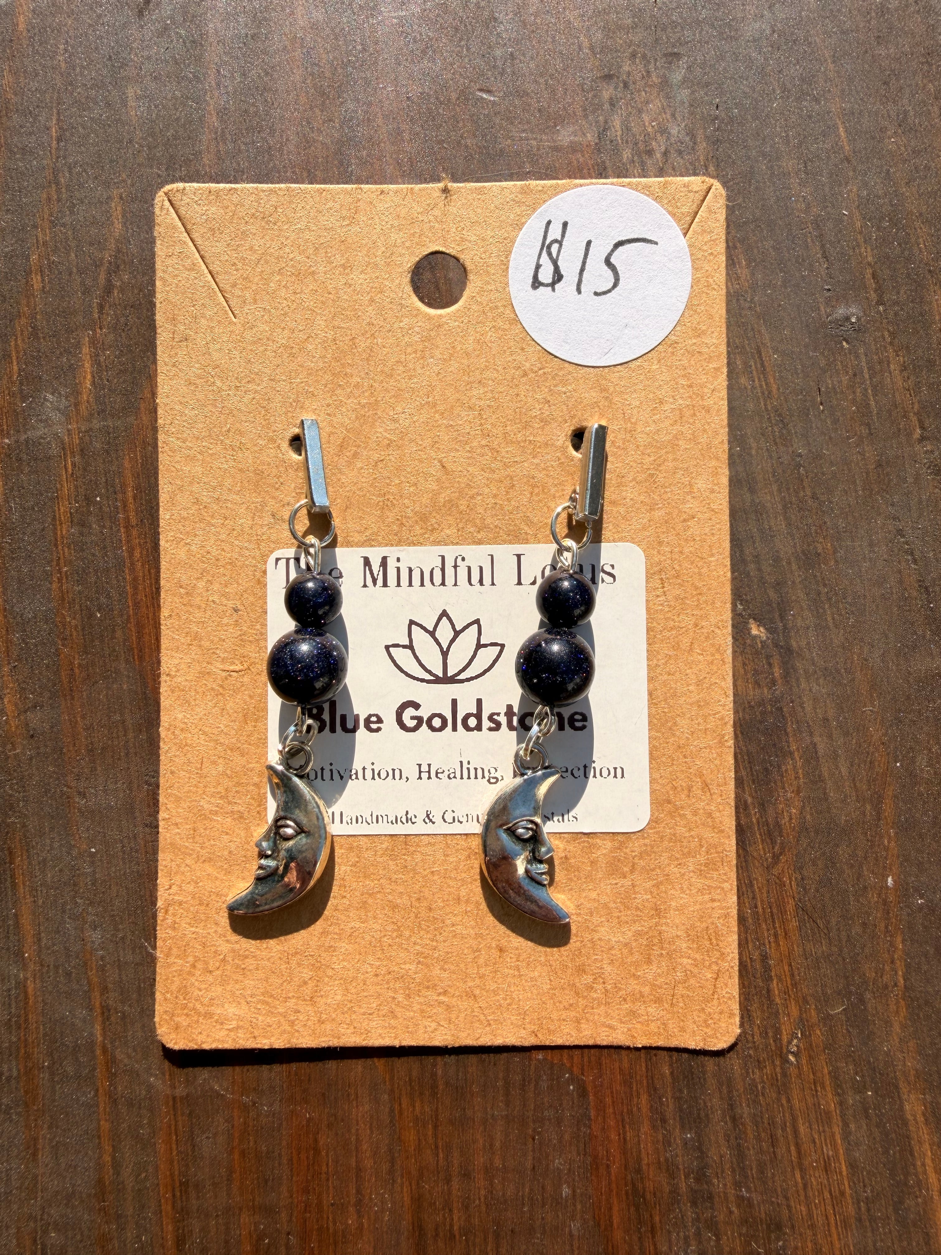 Blue Goldstone Crescent Moon Earrings – Stainless Steel Earring Posts (Silver Tone) | Unique Handmade Piece