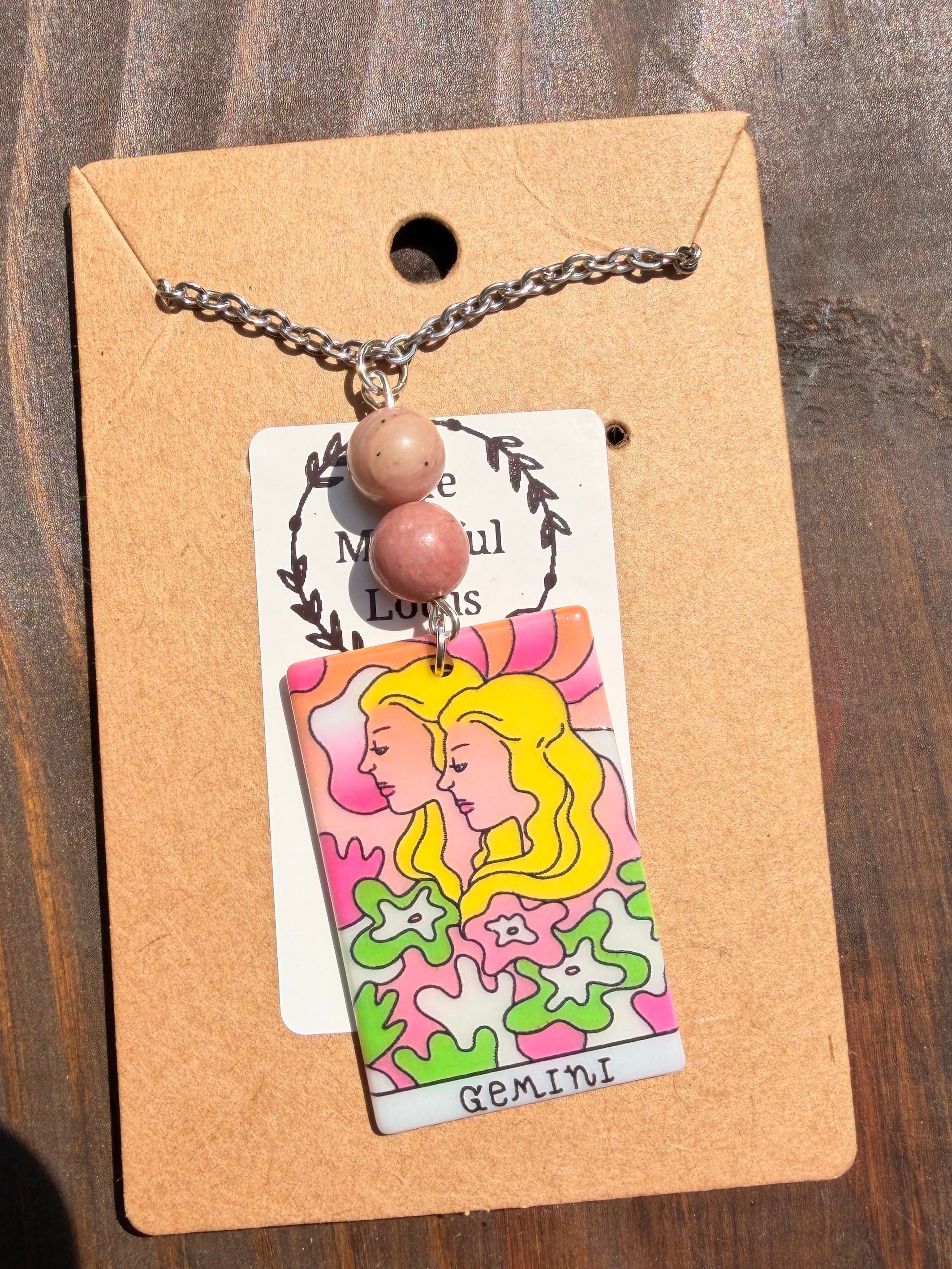 Gemini Zodiac Necklace – Rhodonite | Stainless Steel Chain (Silver Tone) | Unique Handmade Piece