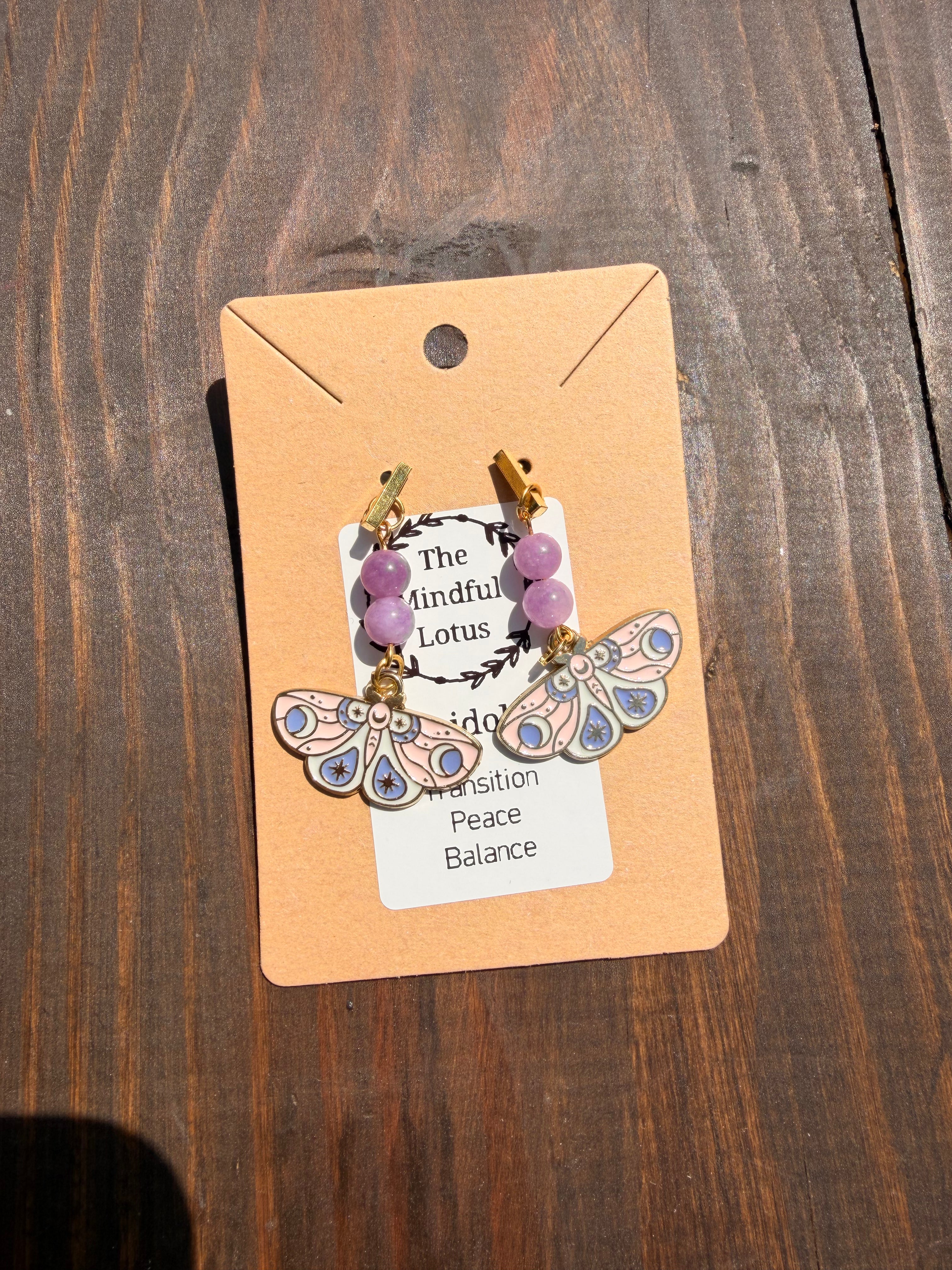 Lepidolite Moth Earrings – Gold Plated Stainless Steel Posts | Unique Handmade Piece