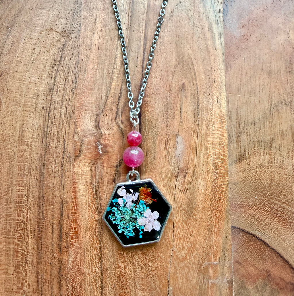 Watermelon Tourmaline Botanical Necklace – Silver Chain