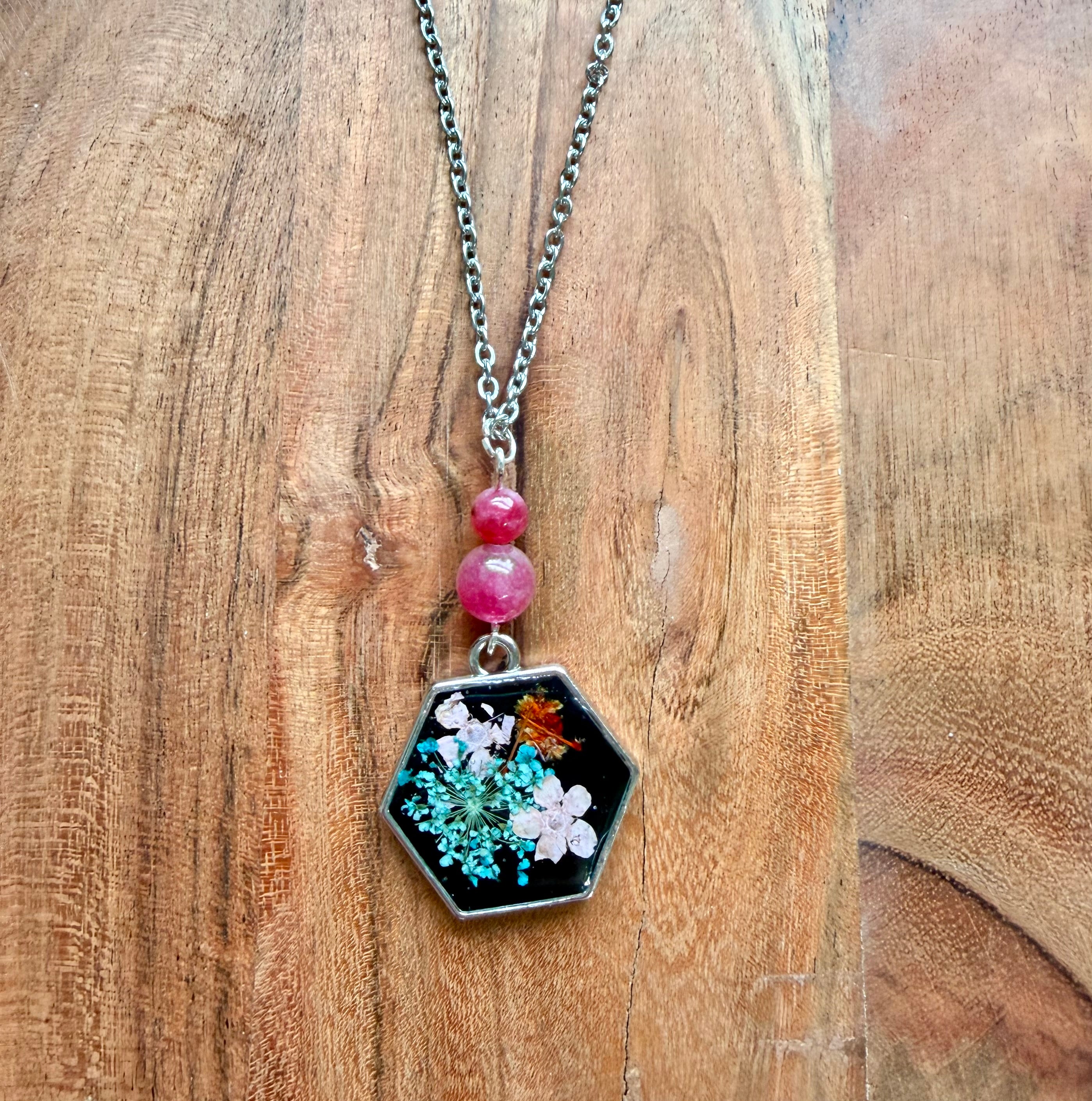 Watermelon Tourmaline Botanical Necklace – Silver Chain