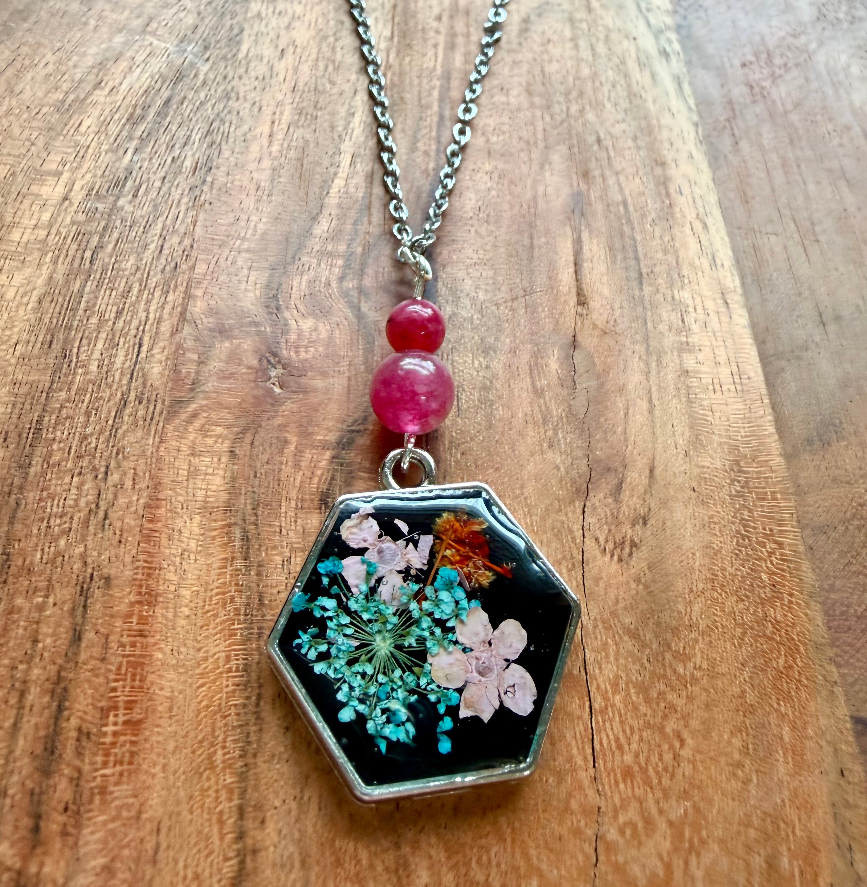 Watermelon Tourmaline Botanical Necklace – Silver Chain