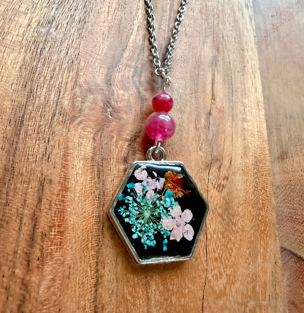 Watermelon Tourmaline Botanical Necklace – Silver Chain