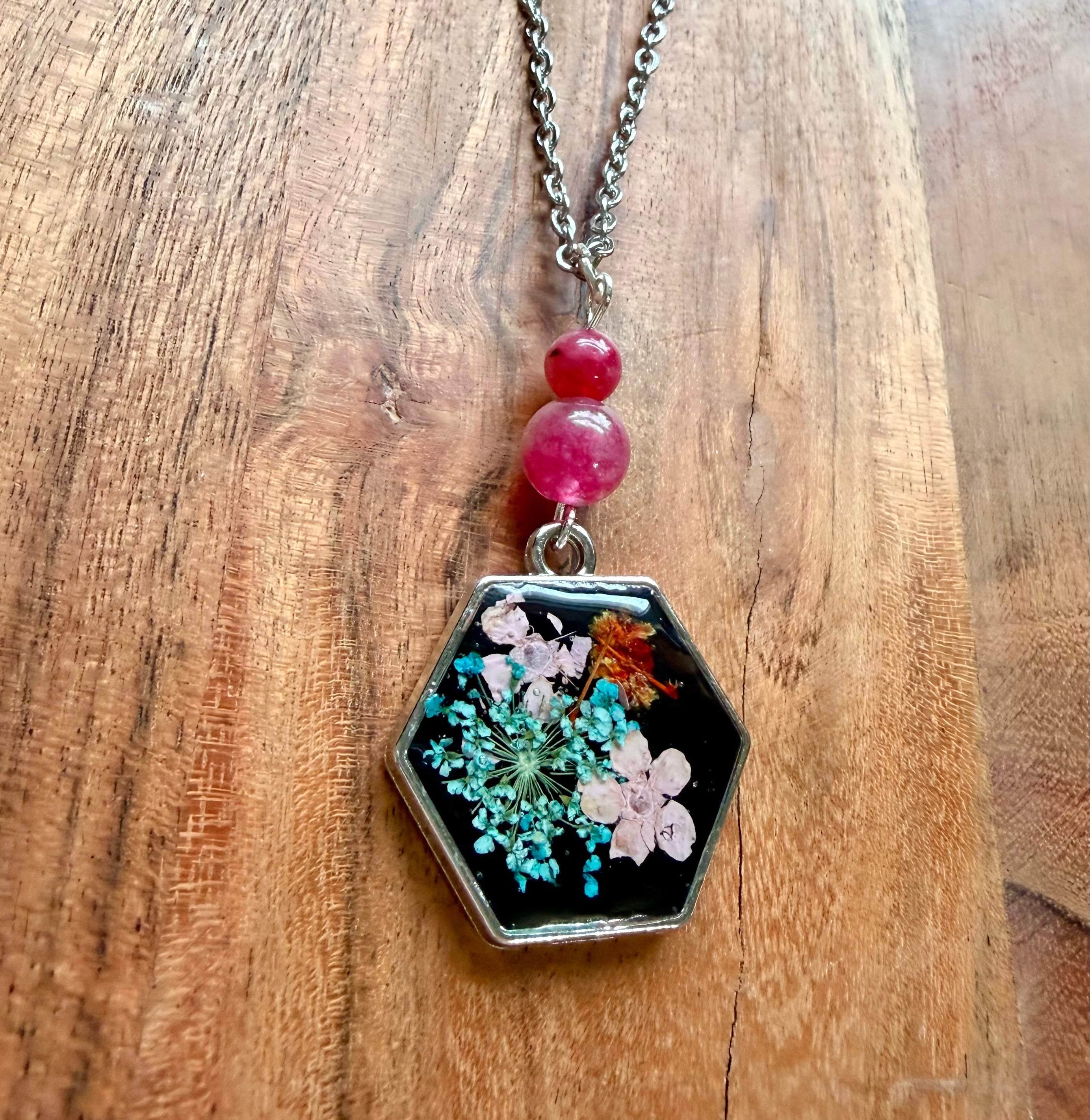 Watermelon Tourmaline Botanical Necklace – Silver Chain